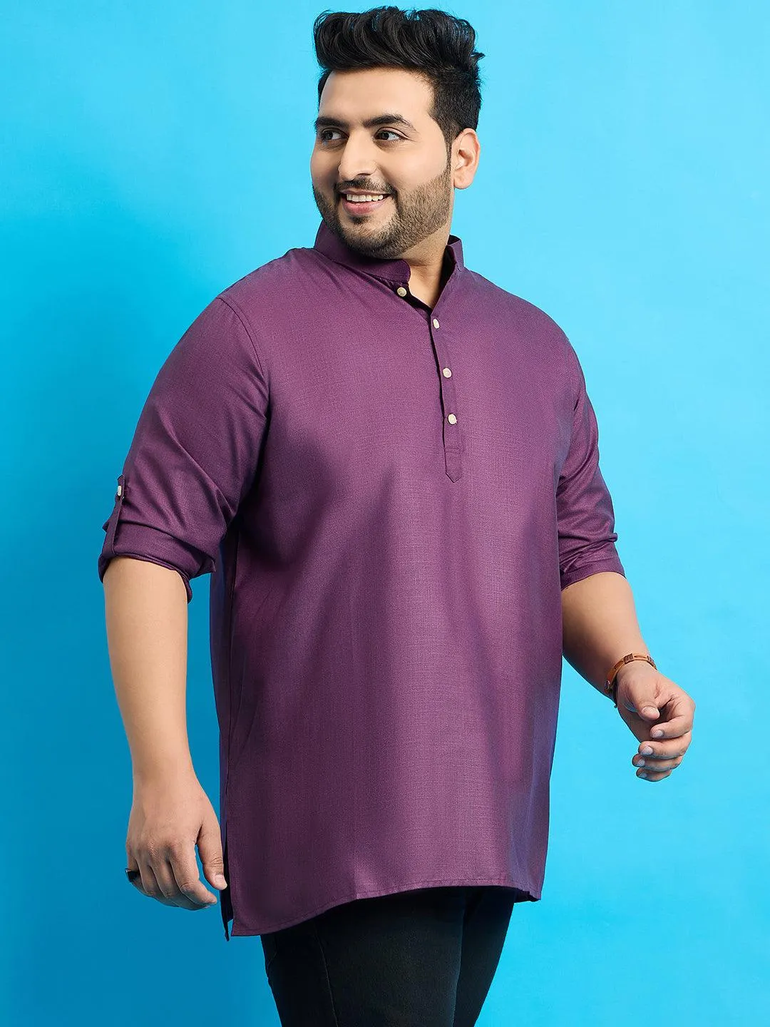 Men Plus Size Pollan-Purple Solid Short Kurta