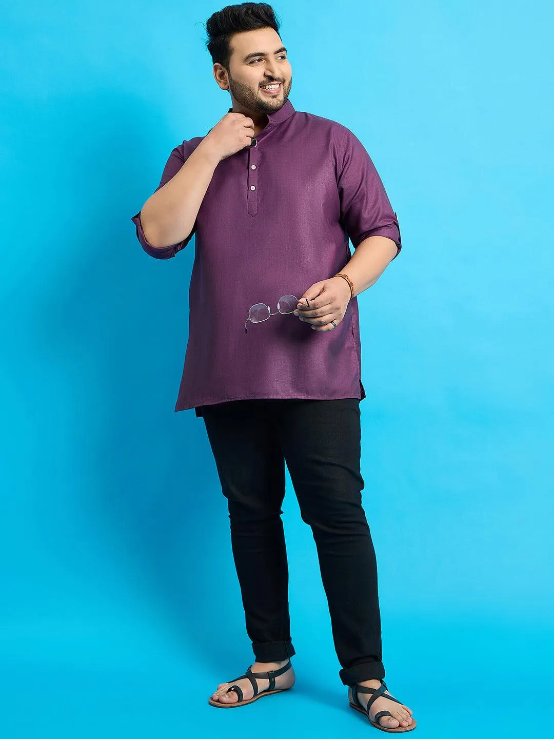Men Plus Size Pollan-Purple Solid Short Kurta