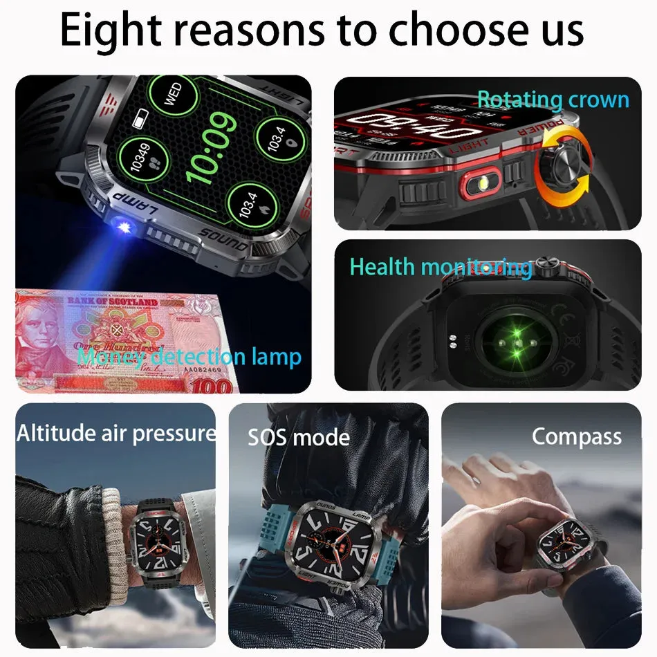 Men’s Military Outdoor Smartwatch – GPS, Flashlight, Compass, Bluetooth Call