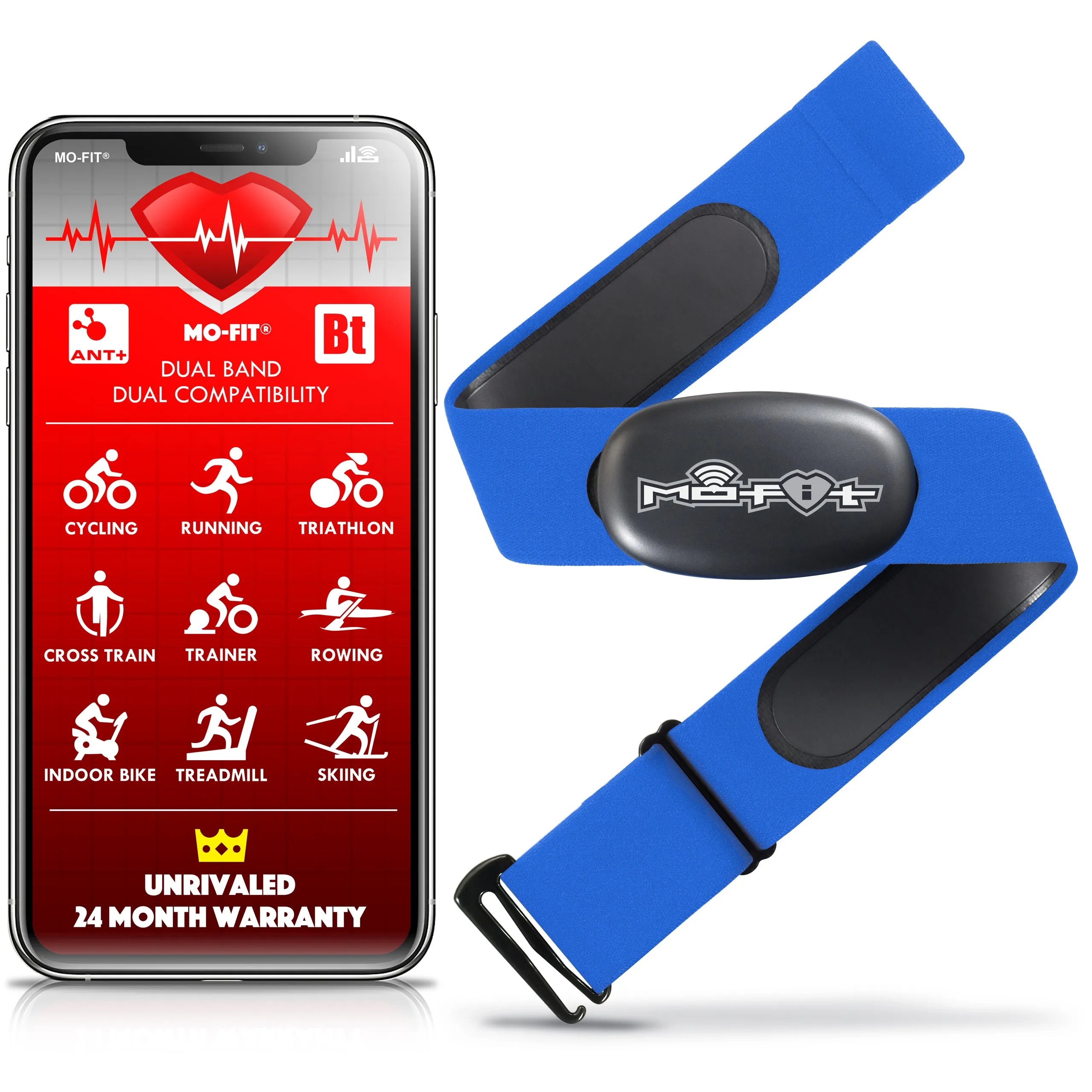 Mo-Fit Heart Rate Monitor Chest Strap for Garmin, Apple, Android, Peloton, Zwift, ANT  and Most Bluetooth 4.0 Enabled Fitness Devices