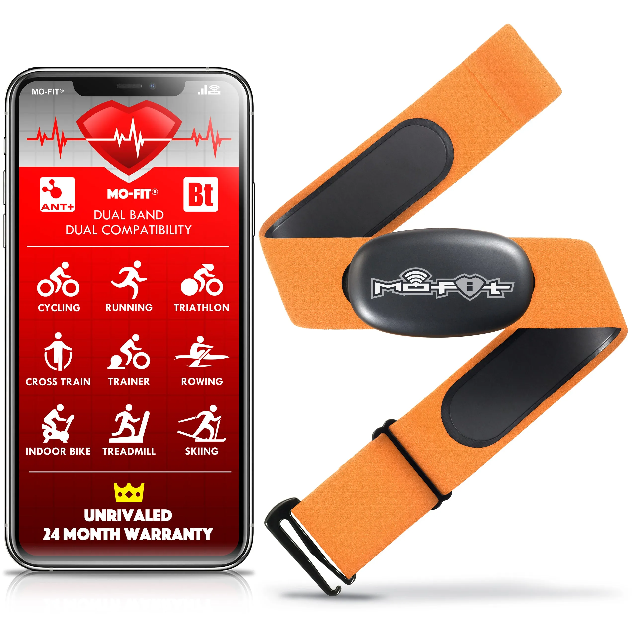 Mo-Fit Heart Rate Monitor Chest Strap for Garmin, Apple, Android, Peloton, Zwift, ANT  and Most Bluetooth 4.0 Enabled Fitness Devices