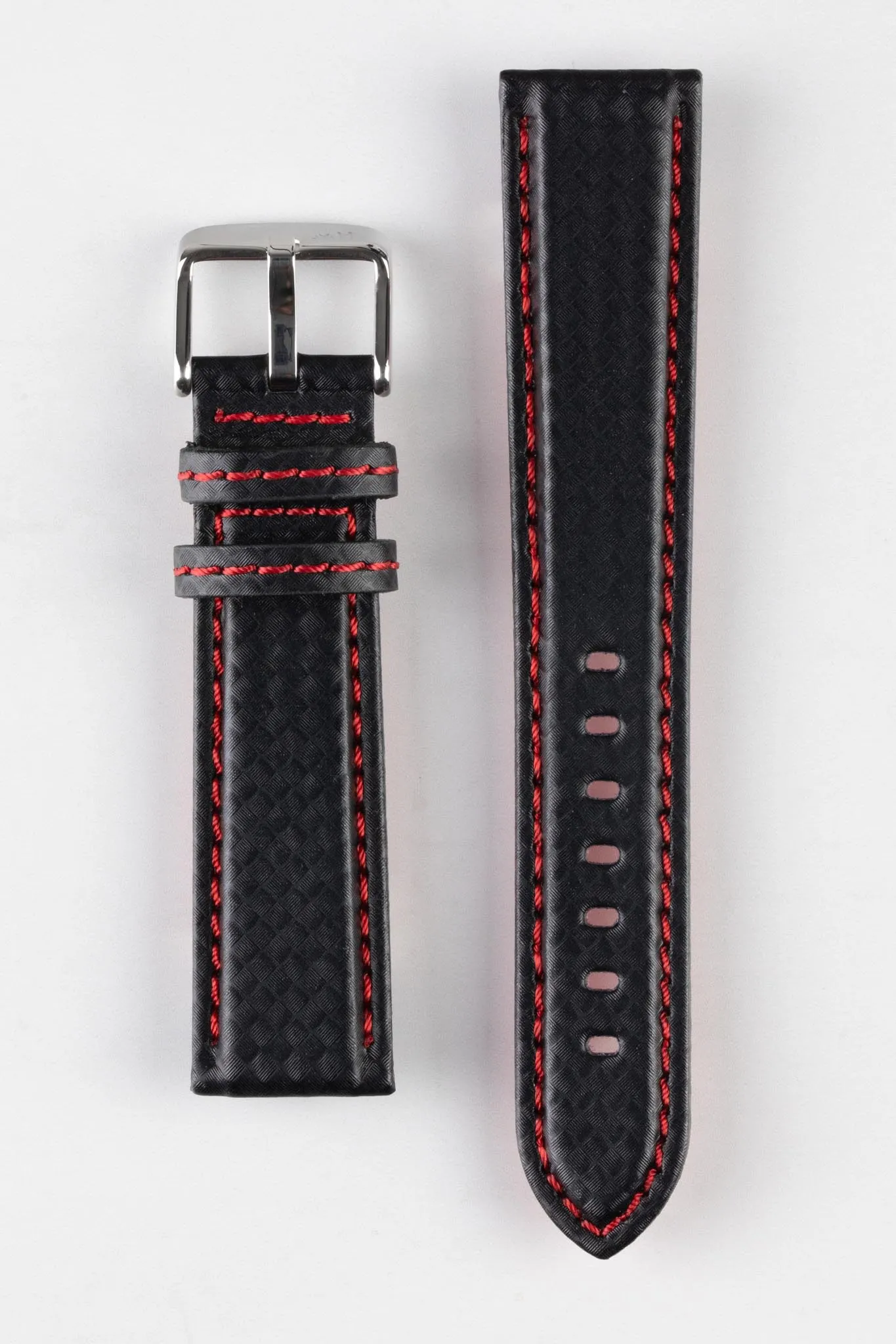 Morellato BIKING Carbon Fibre-Embossed Calfskin Leather Watch Strap in BLACK with RED Stitching