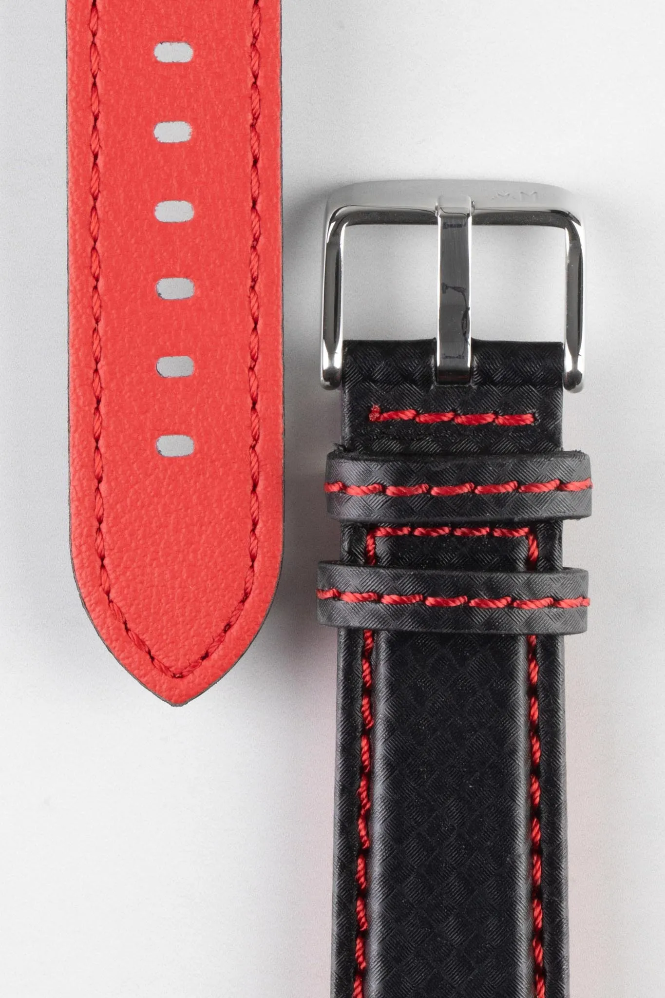 Morellato BIKING Carbon Fibre-Embossed Calfskin Leather Watch Strap in BLACK with RED Stitching