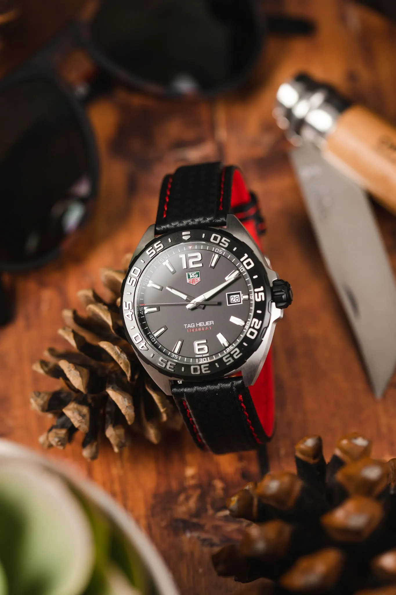 Morellato BIKING Carbon Fibre-Embossed Calfskin Leather Watch Strap in BLACK with RED Stitching