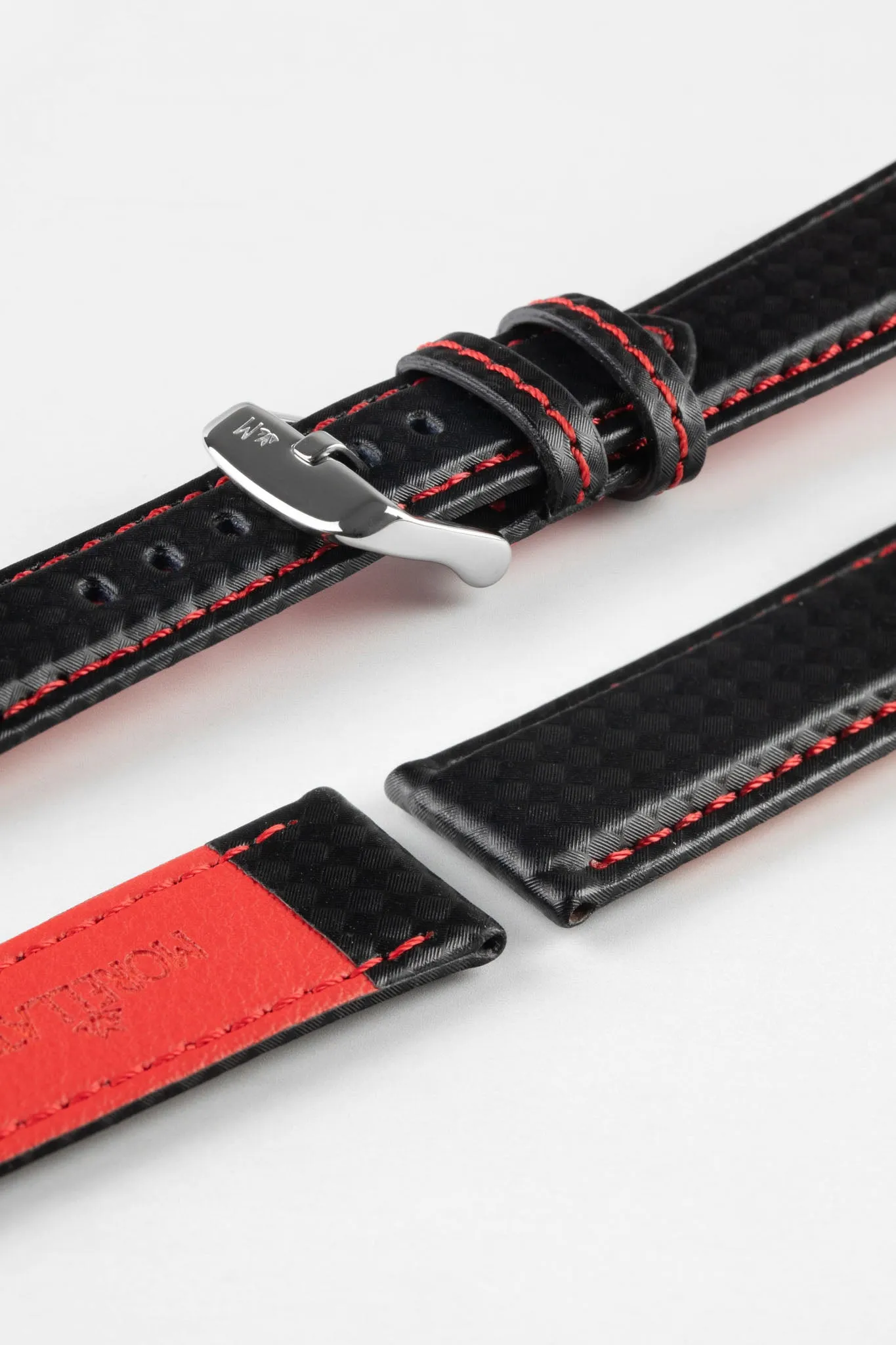 Morellato BIKING Carbon Fibre-Embossed Calfskin Leather Watch Strap in BLACK with RED Stitching