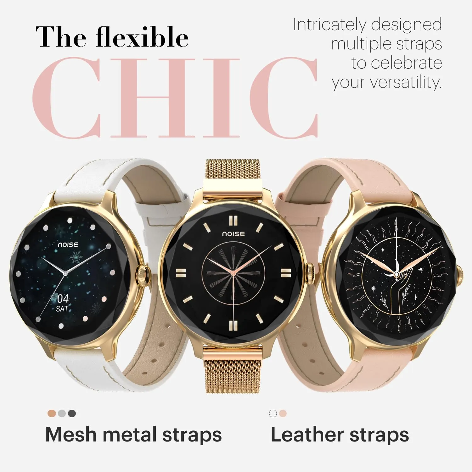 Noise Diva Smartwatch with Diamond Cut dial, Glossy Metallic Finish, AMOLED Display, Mesh Metal and Leather Strap Options, 100  Watch Faces, Female Cycle Tracker Smart Watch for Women (Black Link)
