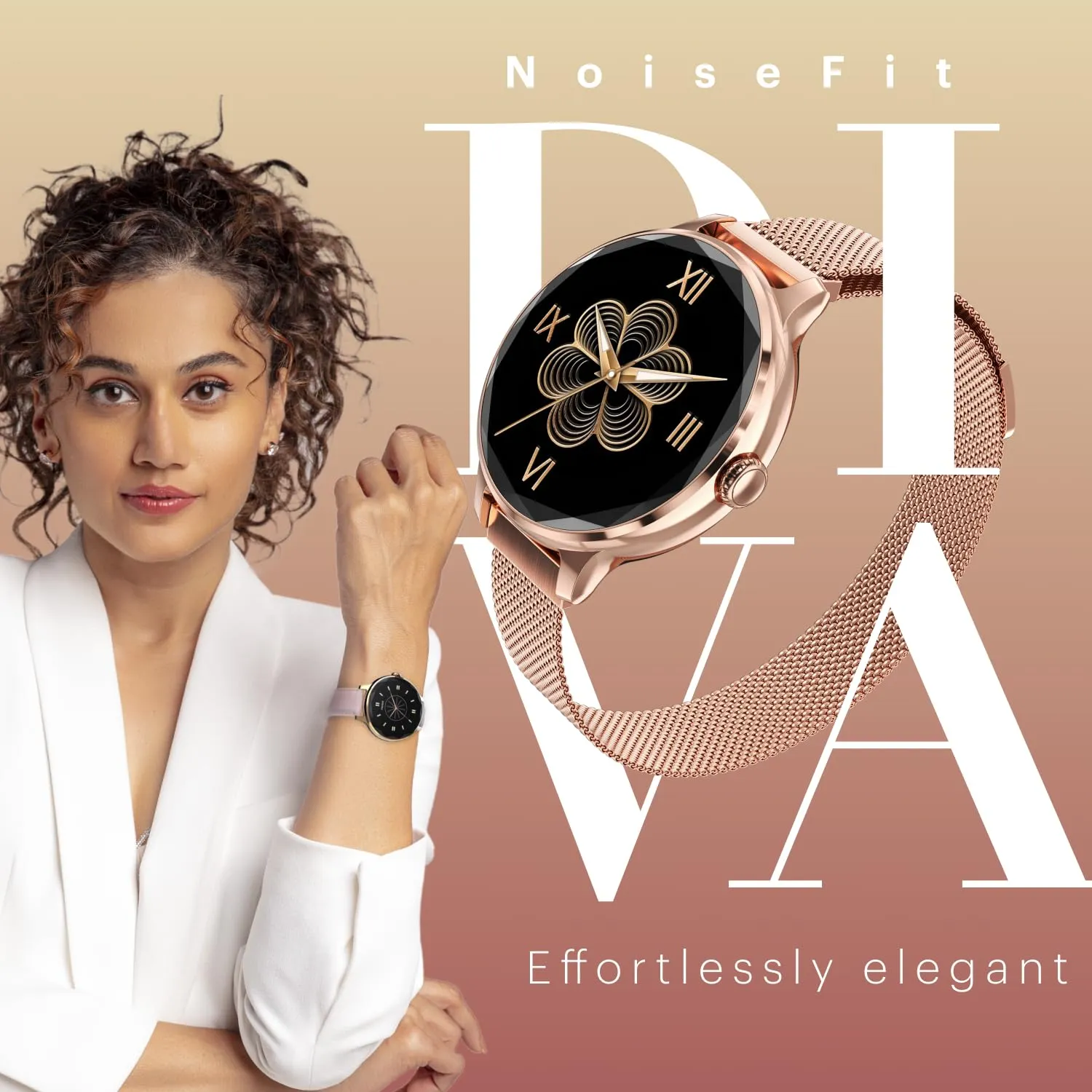 Noise Diva Smartwatch with Diamond Cut dial, Glossy Metallic Finish, AMOLED Display, Mesh Metal and Leather Strap Options, 100  Watch Faces, Female Cycle Tracker Smart Watch for Women (Black Link)