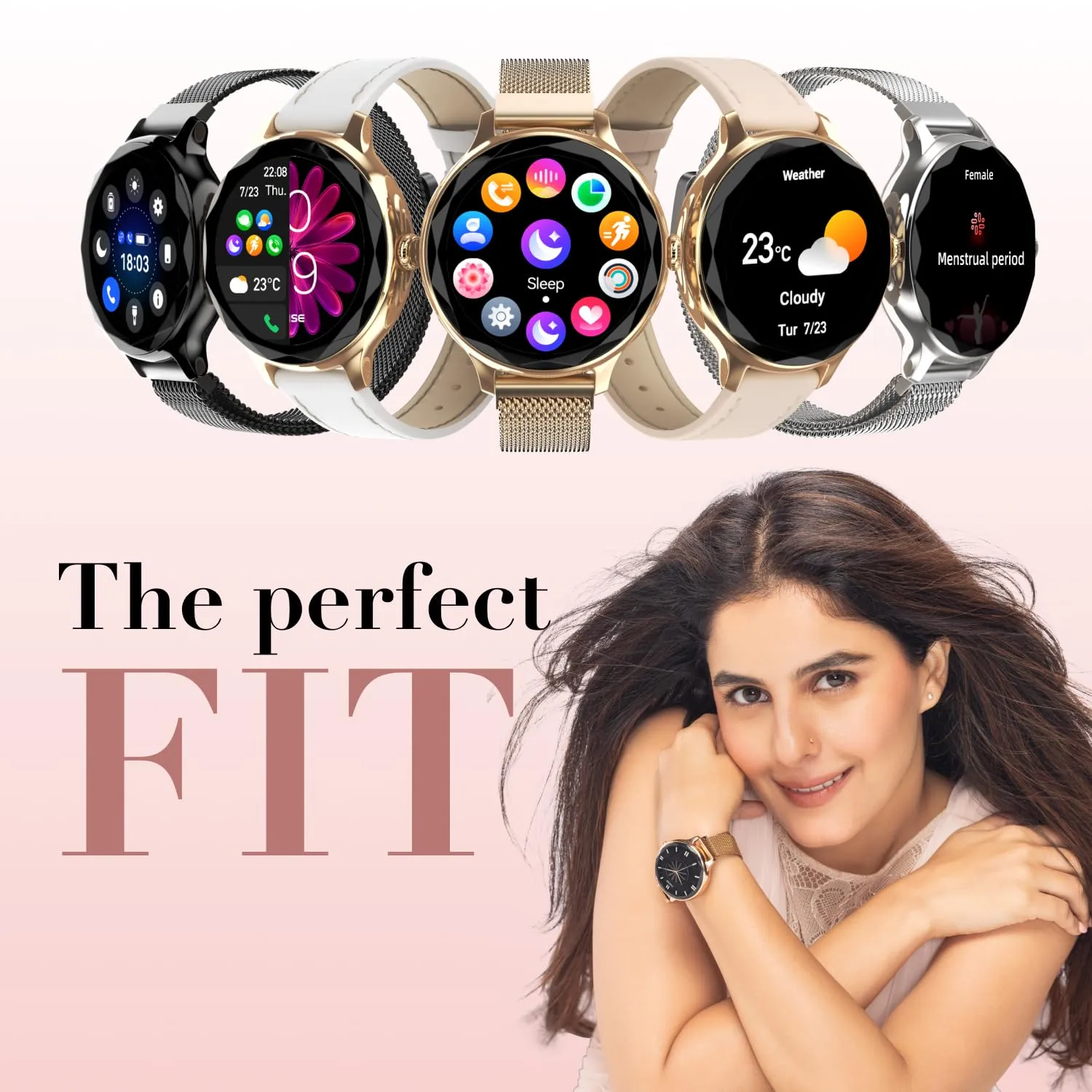 Noise Diva Smartwatch with Diamond Cut dial, Glossy Metallic Finish, AMOLED Display, Mesh Metal and Leather Strap Options, 100  Watch Faces, Female Cycle Tracker Smart Watch for Women (Black Link)