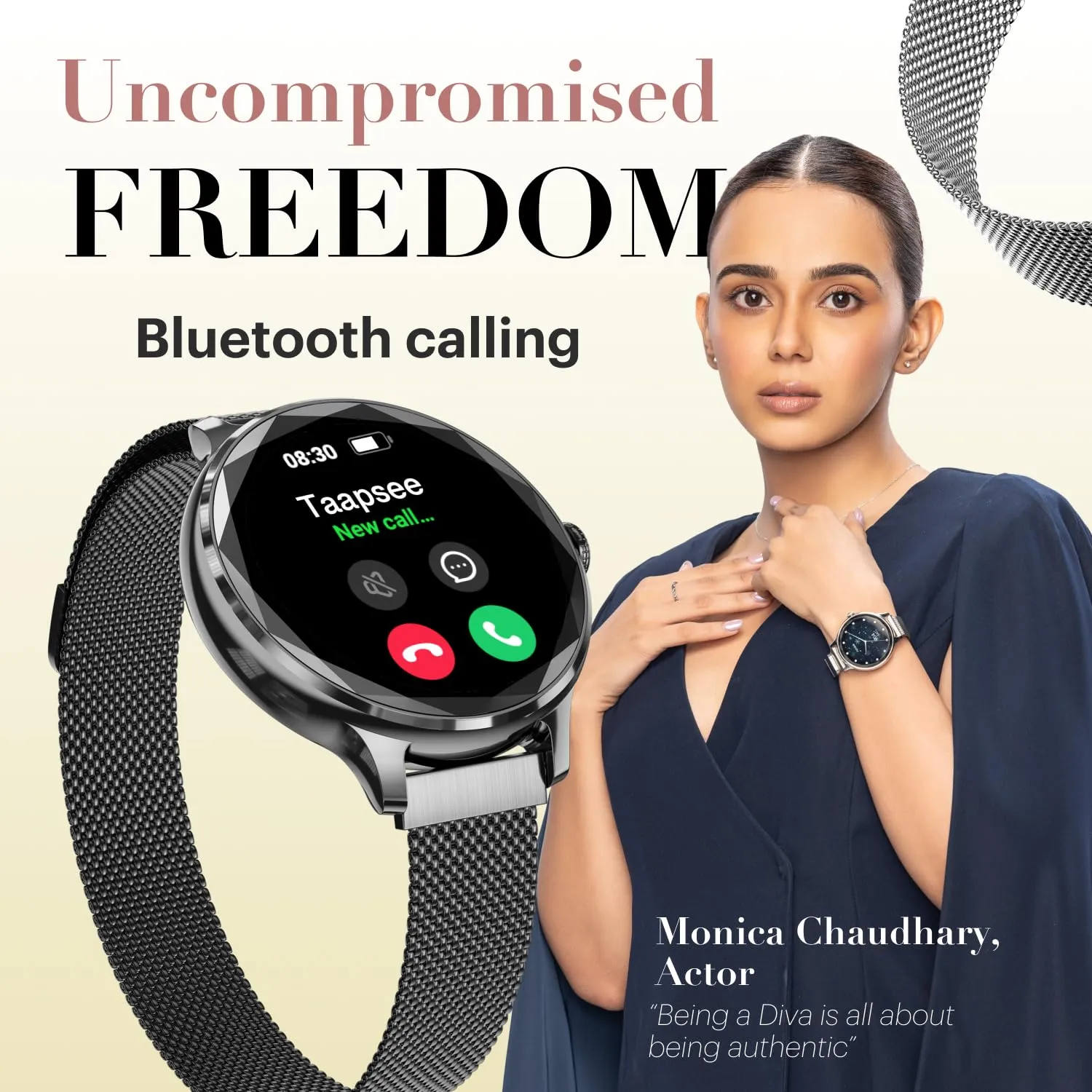 Noise Diva Smartwatch with Diamond Cut dial, Glossy Metallic Finish, AMOLED Display, Mesh Metal and Leather Strap Options, 100  Watch Faces, Female Cycle Tracker Smart Watch for Women (Black Link)