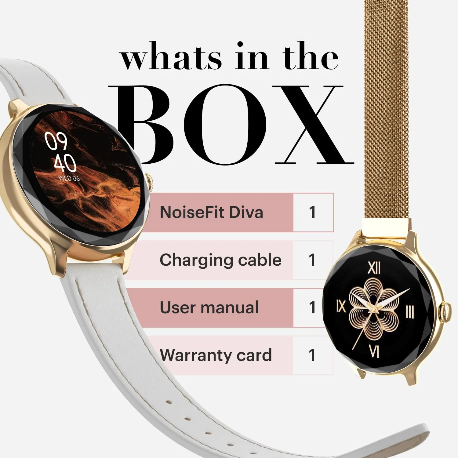 Noise Diva Smartwatch with Diamond Cut dial, Glossy Metallic Finish, AMOLED Display, Mesh Metal and Leather Strap Options, 100  Watch Faces, Female Cycle Tracker Smart Watch for Women (Black Link)