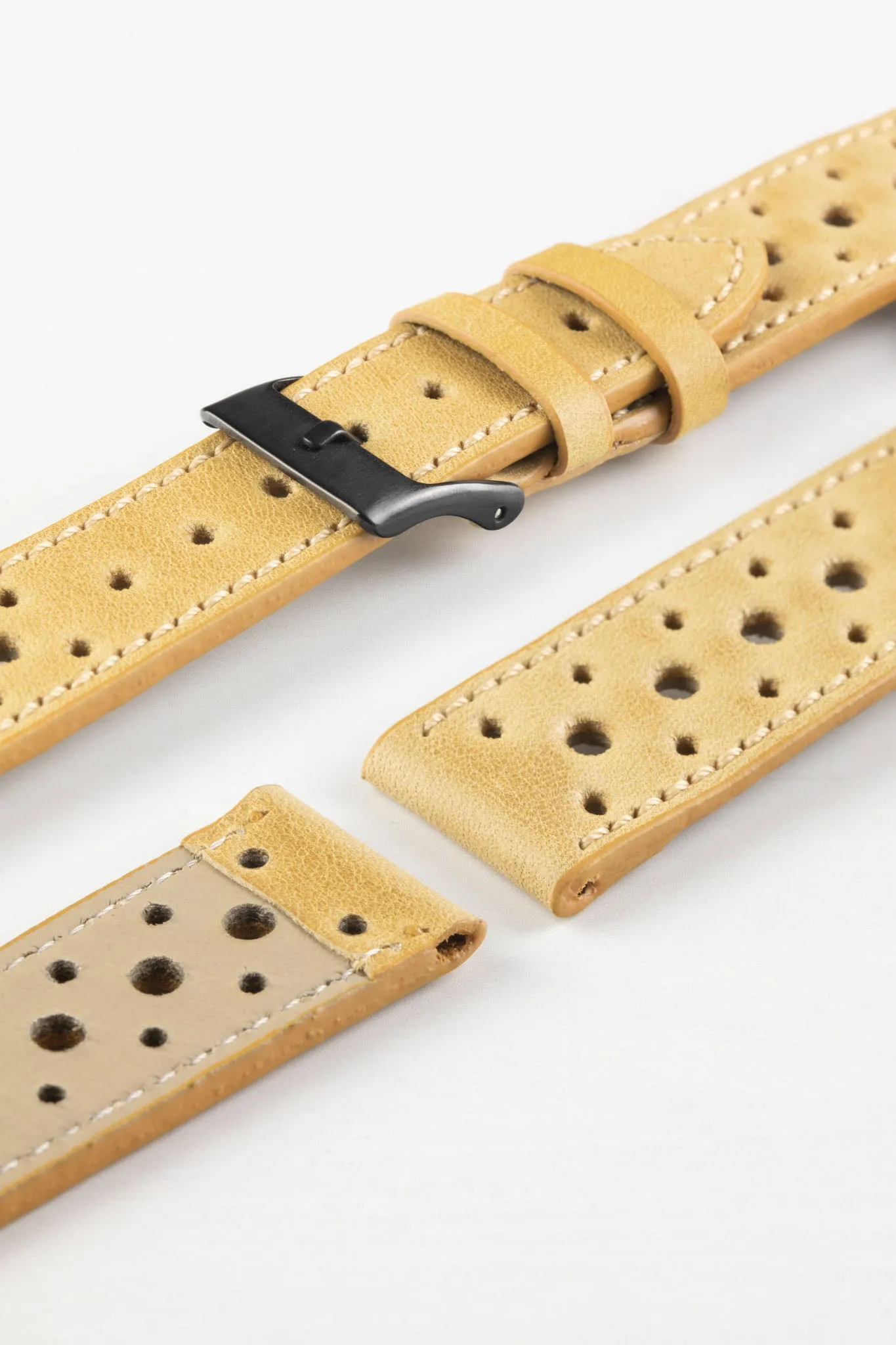 Pebro RACING Perforated Leather Watch Strap in MUSTARD