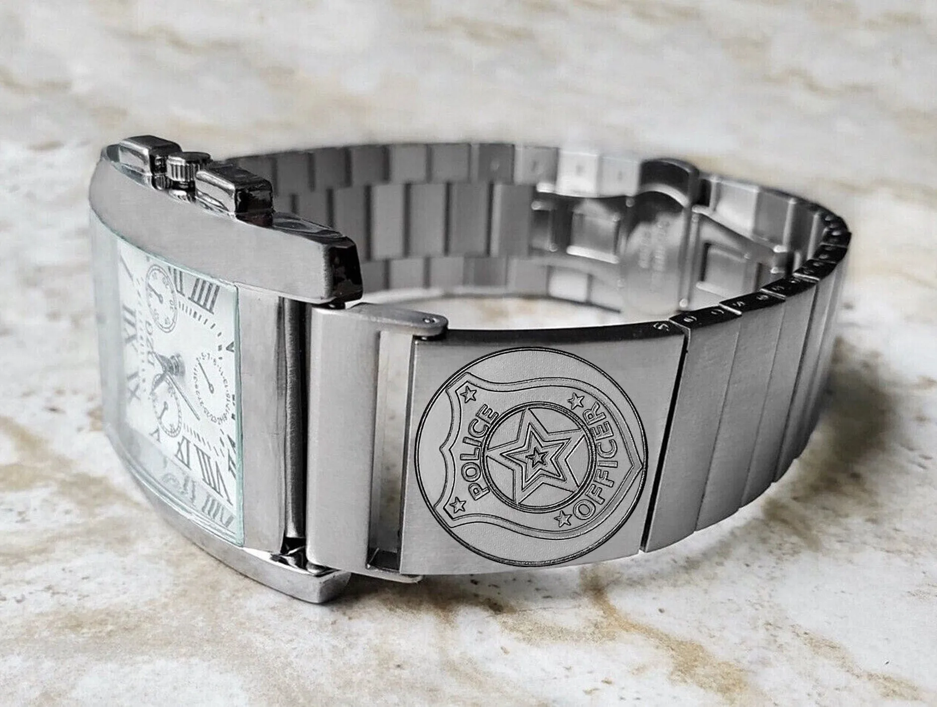 Police Badge Engraved Band for 22mm 24mm 25mm Lugs Traditional Casual Luxury and Smartwatches Silver Stainless Steel Bracelet Strap PB4