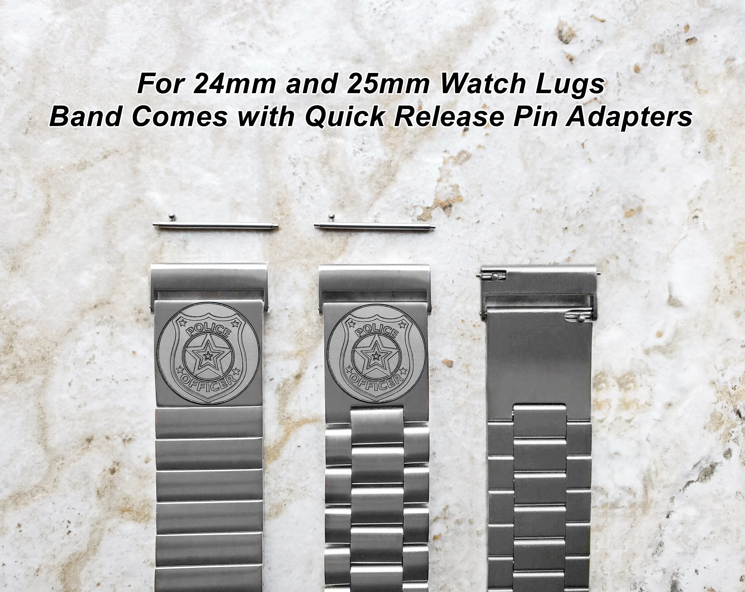Police Badge Engraved Band for 22mm 24mm 25mm Lugs Traditional Casual Luxury and Smartwatches Silver Stainless Steel Bracelet Strap PB4