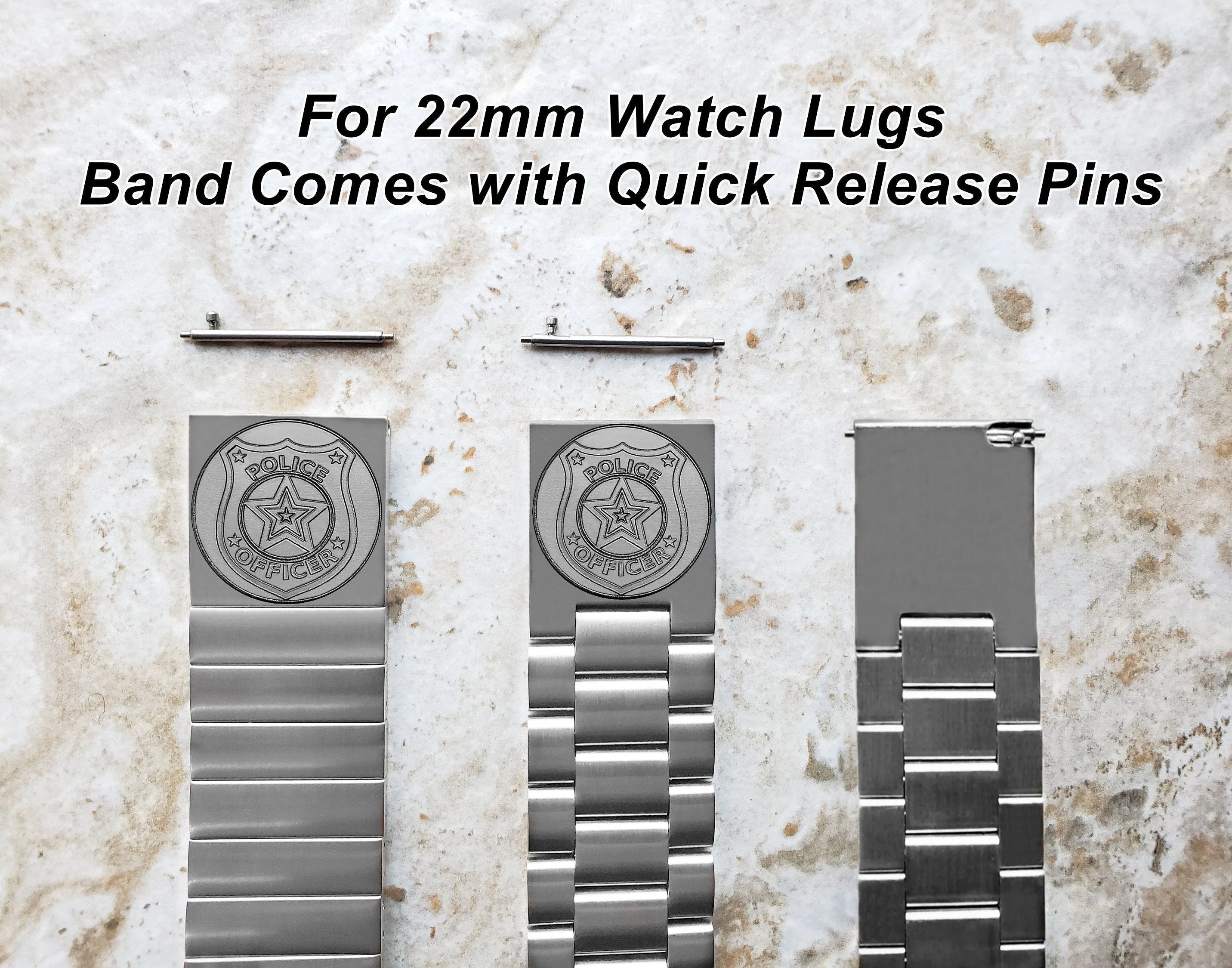 Police Badge Engraved Band for 22mm 24mm 25mm Lugs Traditional Casual Luxury and Smartwatches Silver Stainless Steel Bracelet Strap PB4
