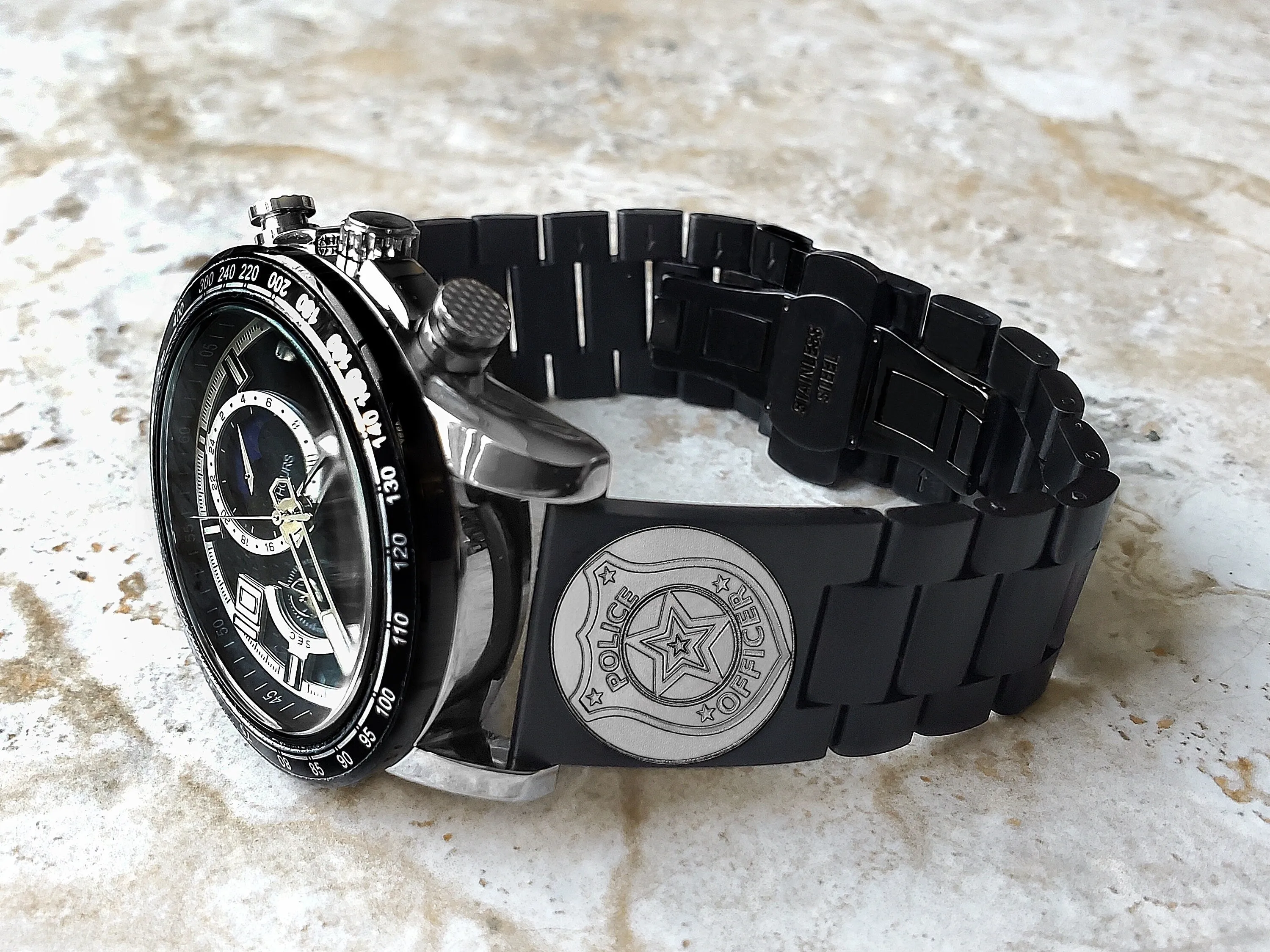 Police Badge Engraved Watch Band for 22mm Width Lugs Traditional Casual Luxury and Smartwatches Black Stainless Steel Strap Bracelet PB4