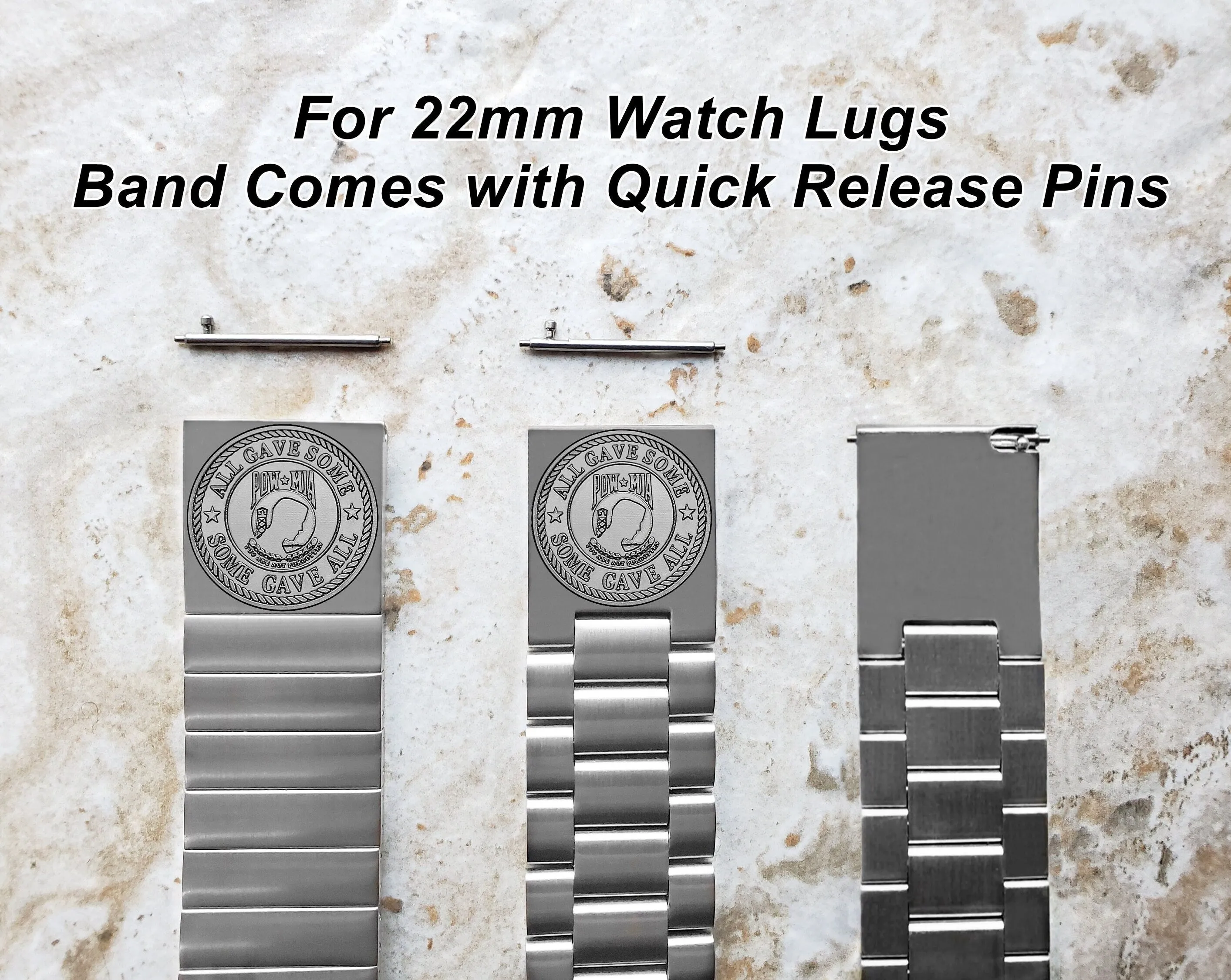 POW MIA Engraved Band for 22mm 24mm 25mm Lugs Traditional Casual Luxury and Smartwatches Silver Color Stainless Steel Bracelet Strap PM1