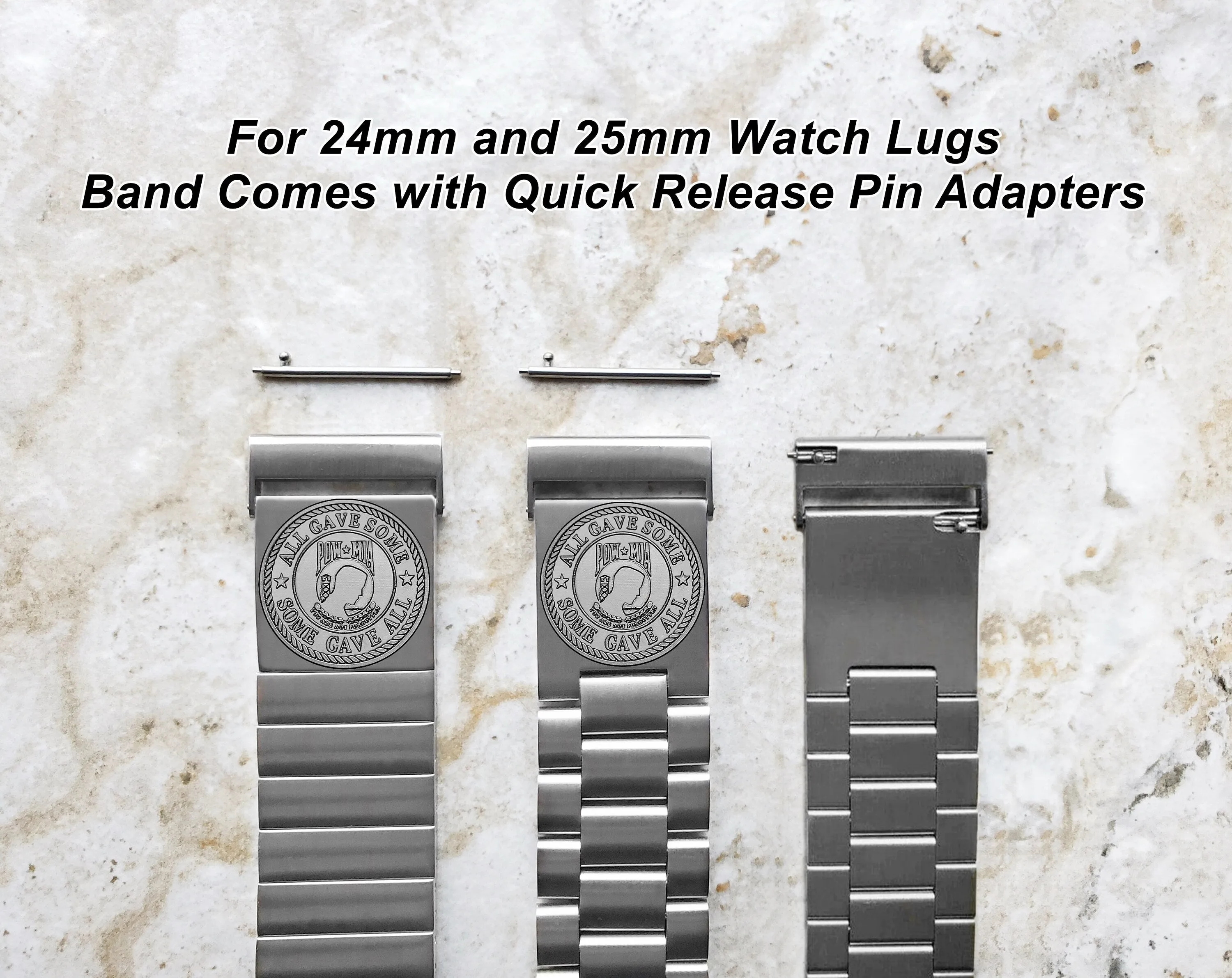POW MIA Engraved Band for 22mm 24mm 25mm Lugs Traditional Casual Luxury and Smartwatches Silver Color Stainless Steel Bracelet Strap PM1