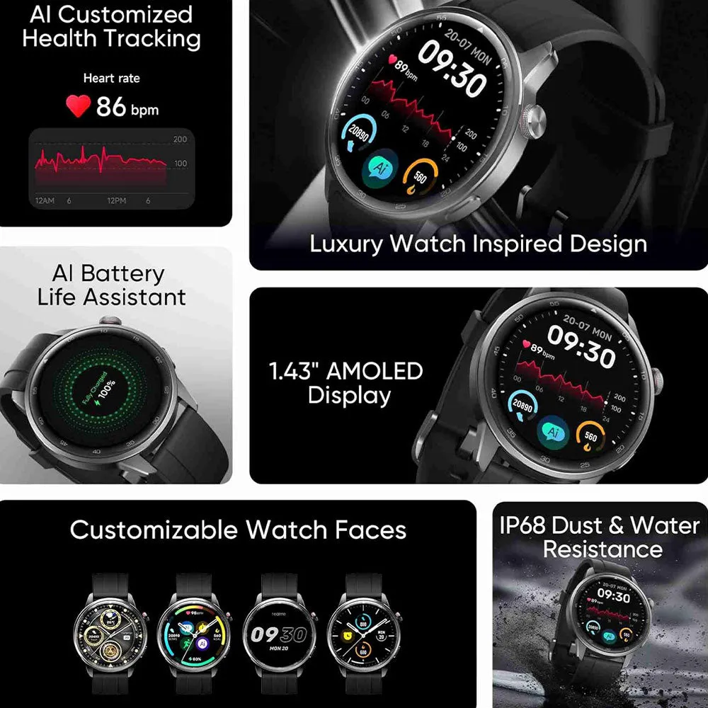 Realme Watch S2 RMW2401 Smart Watch Black Case With Midnight Black Silicone Strap