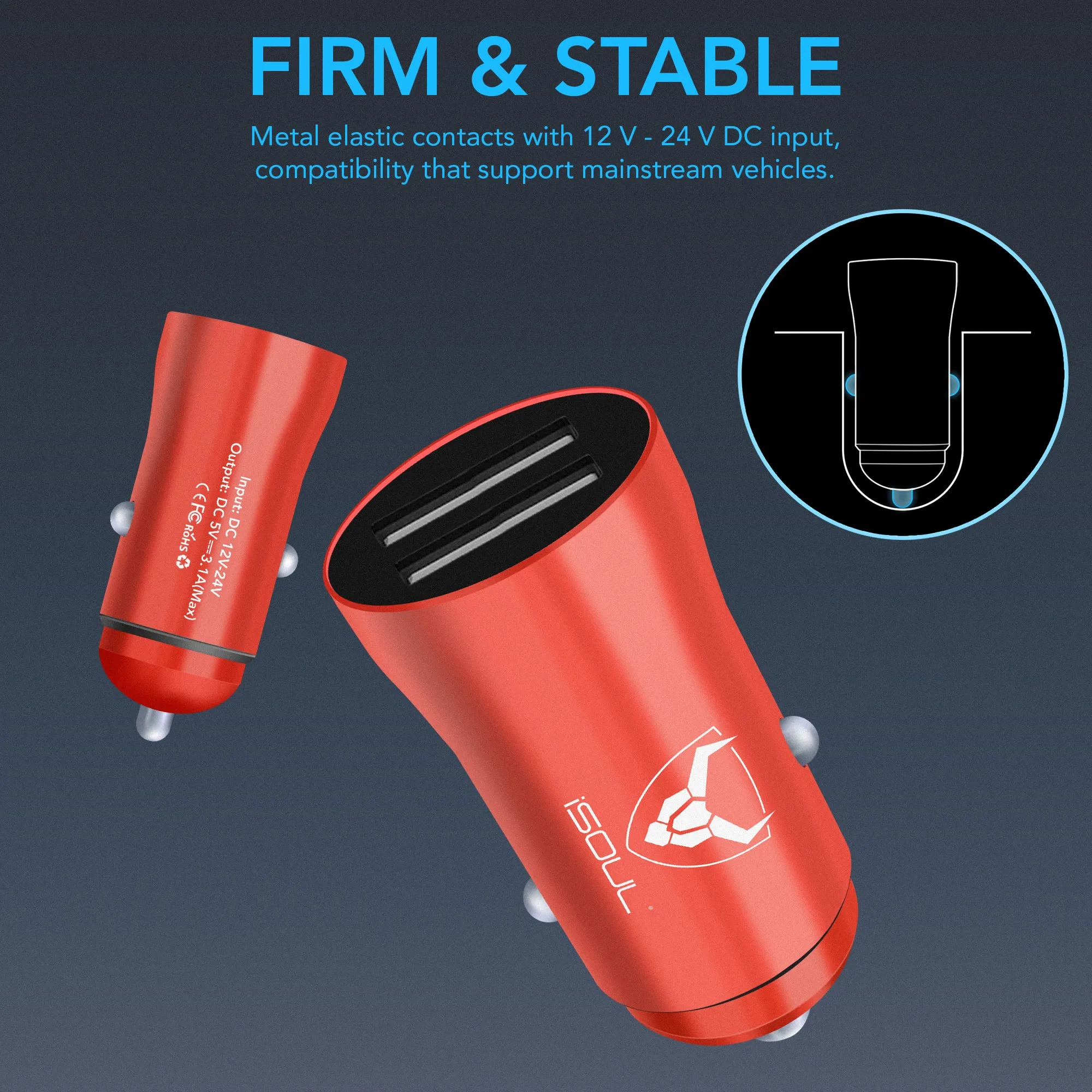 Red Car Charger, Fast Charging Dual USB 3.1A Car Phone Charger