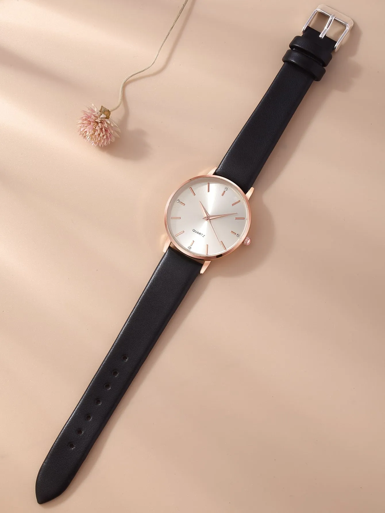 Rhinestone Decor Round Pointer Quartz Watch - Black - FD ⚡