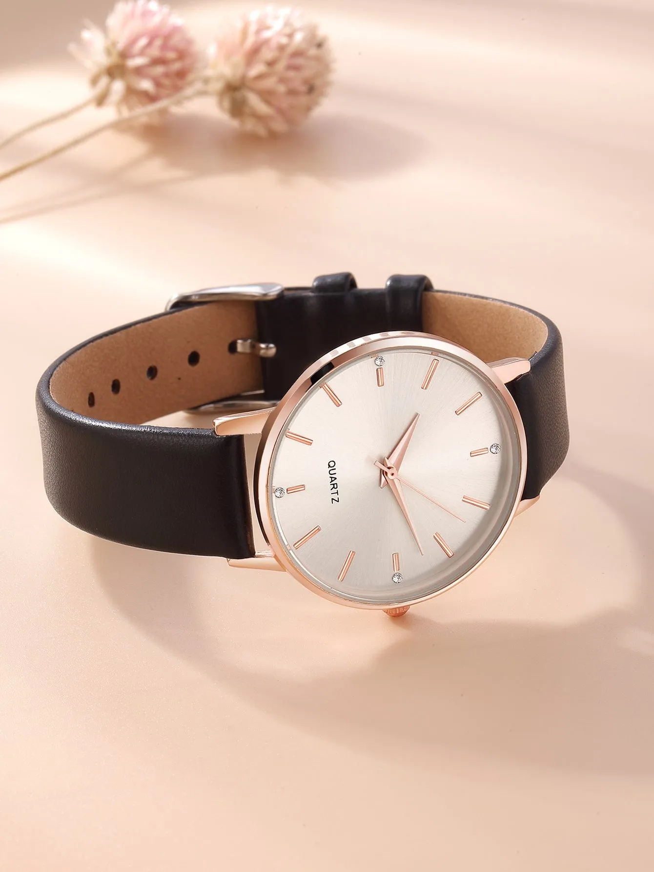 Rhinestone Decor Round Pointer Quartz Watch - Black - FD ⚡