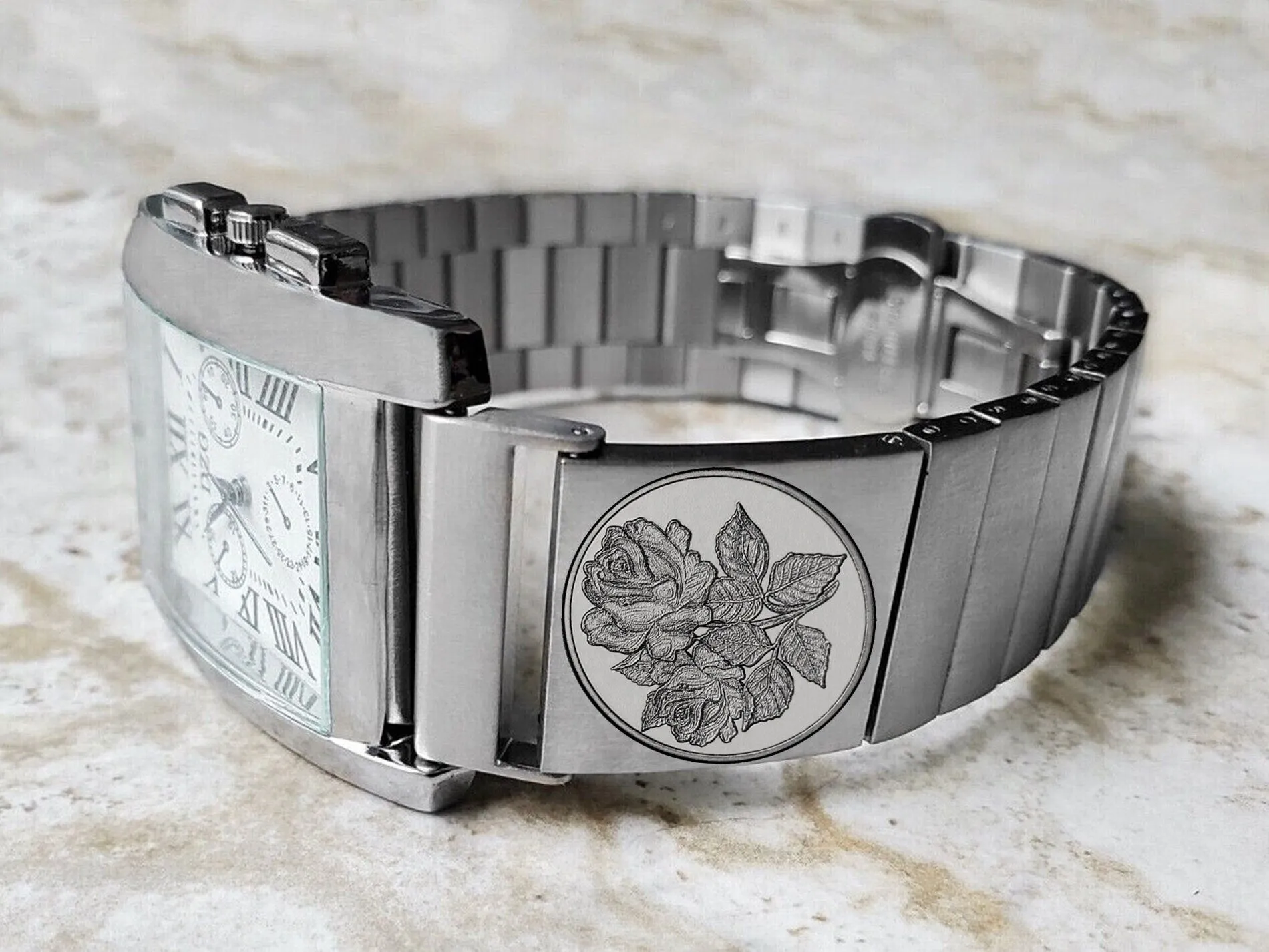 Rose Floral Engraved Band for 22mm 24mm 25mm Lugs Traditional Casual Luxury and Smartwatches Silver Color Stainless Steel Bracelet Strap RS1