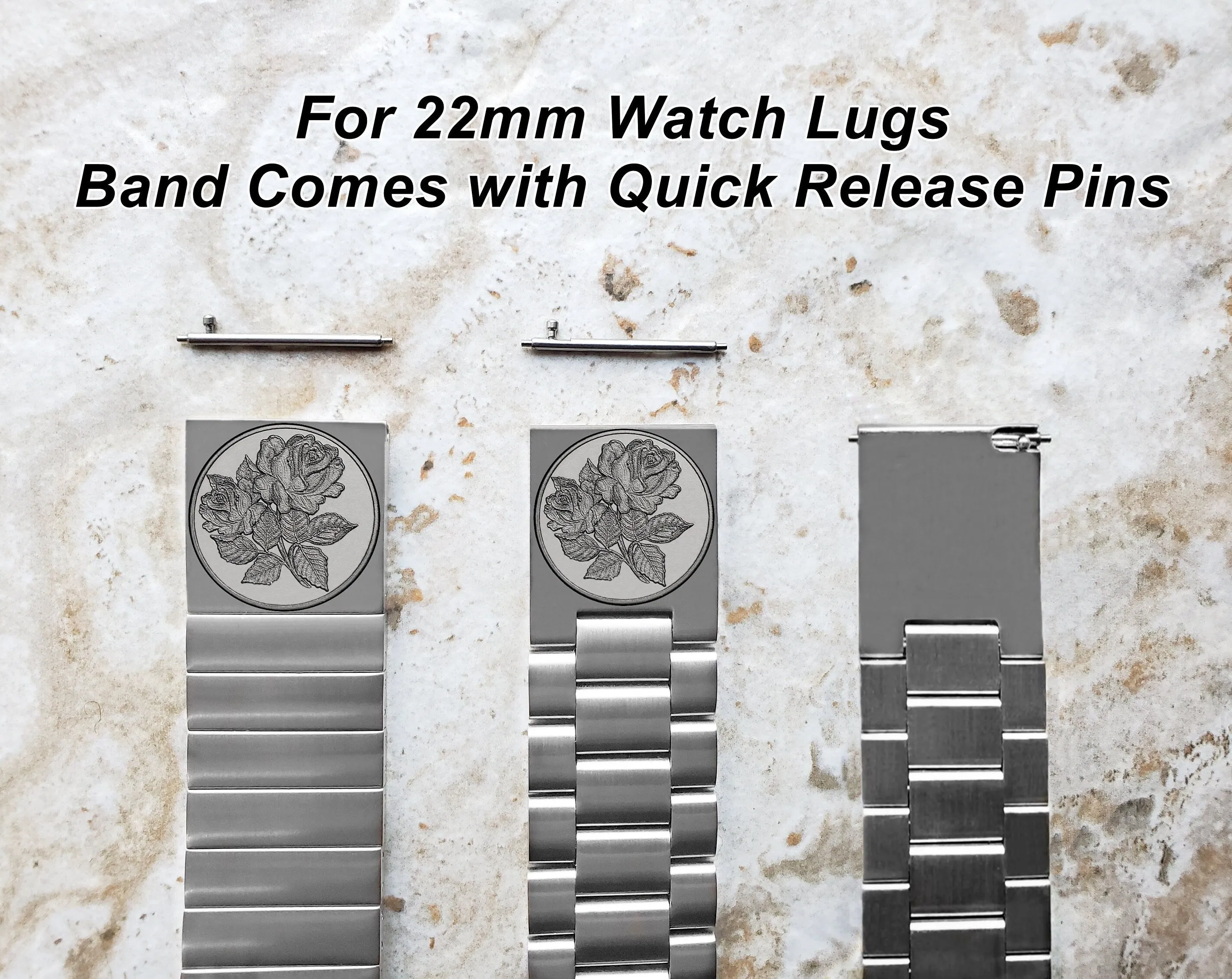 Rose Floral Engraved Band for 22mm 24mm 25mm Lugs Traditional Casual Luxury and Smartwatches Silver Color Stainless Steel Bracelet Strap RS1