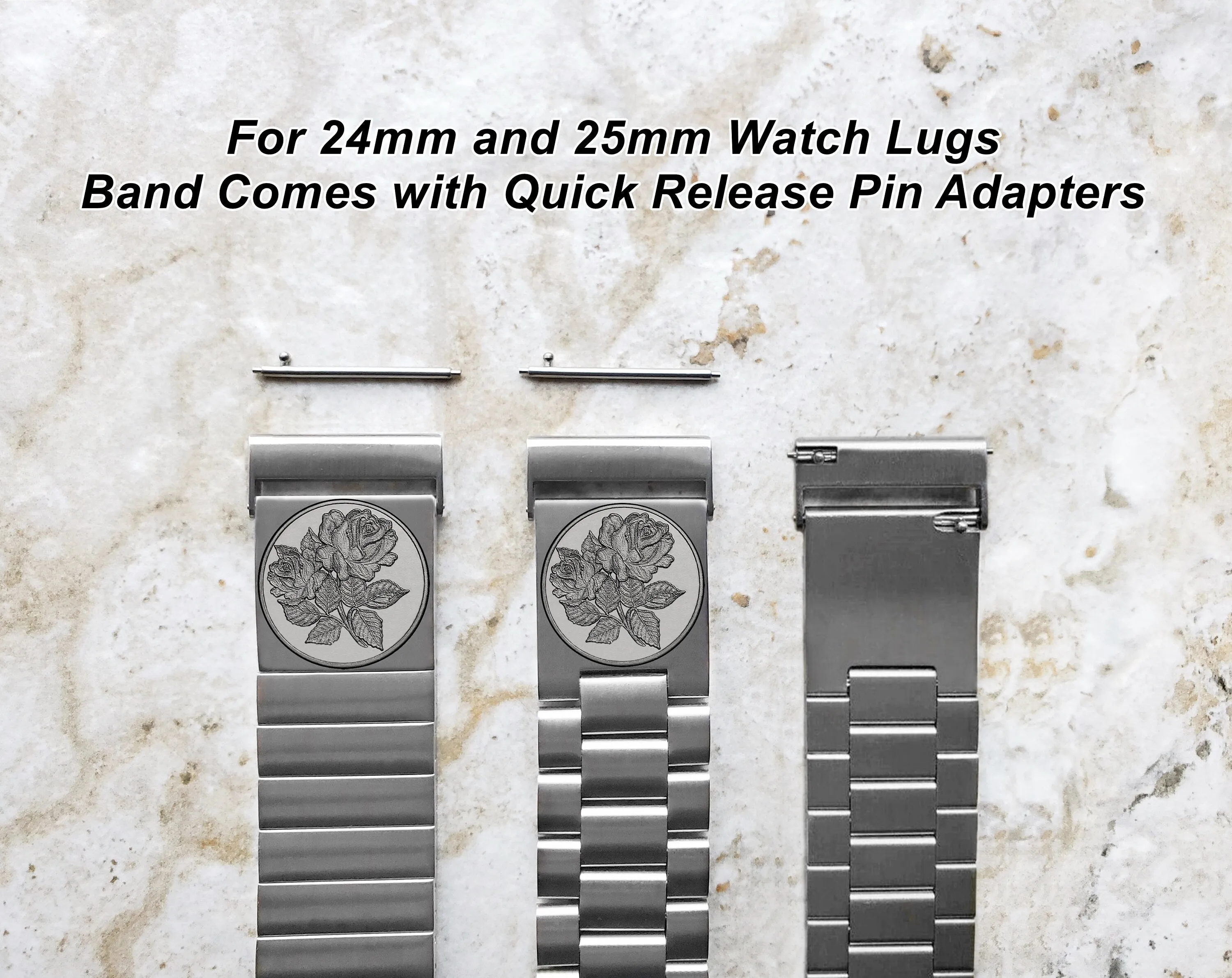 Rose Floral Engraved Band for 22mm 24mm 25mm Lugs Traditional Casual Luxury and Smartwatches Silver Color Stainless Steel Bracelet Strap RS1
