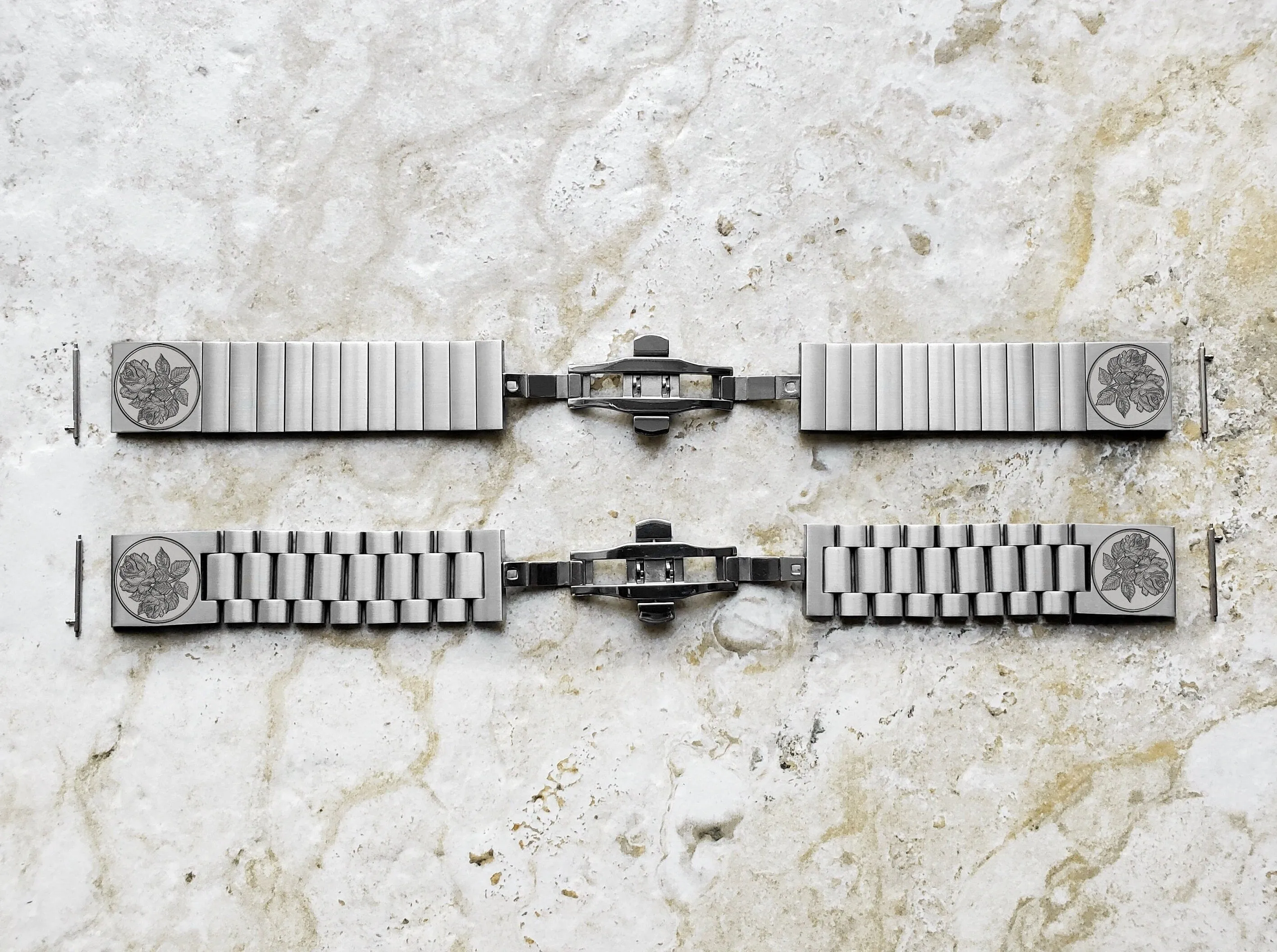 Rose Floral Engraved Band for 22mm 24mm 25mm Lugs Traditional Casual Luxury and Smartwatches Silver Color Stainless Steel Bracelet Strap RS1