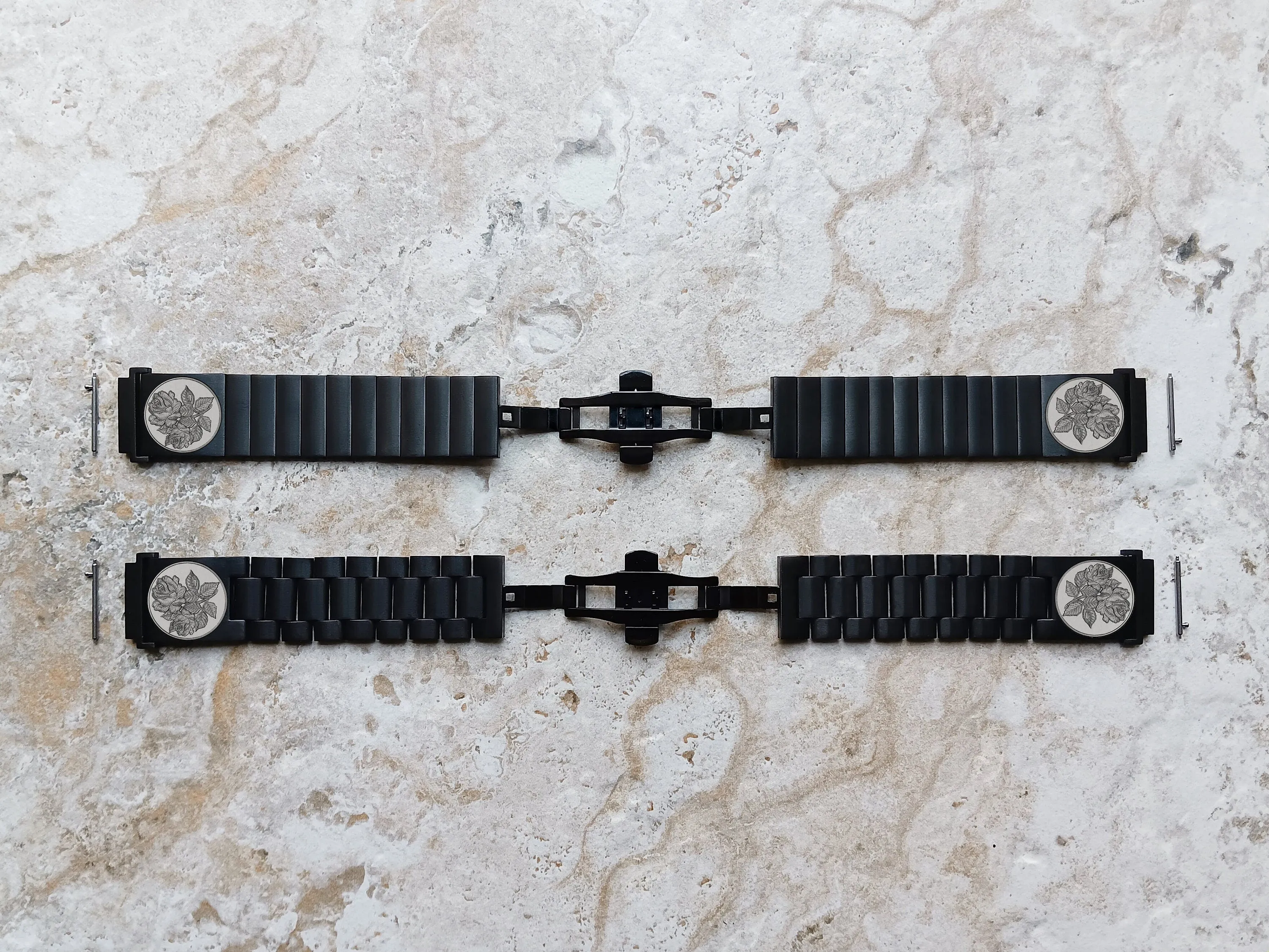 Roses Floral Engraved Watch Band for 20mm Width Lugs Traditional Casual Luxury & Smartwatches Black Stainless Steel Strap Bracelet RS1 -A20
