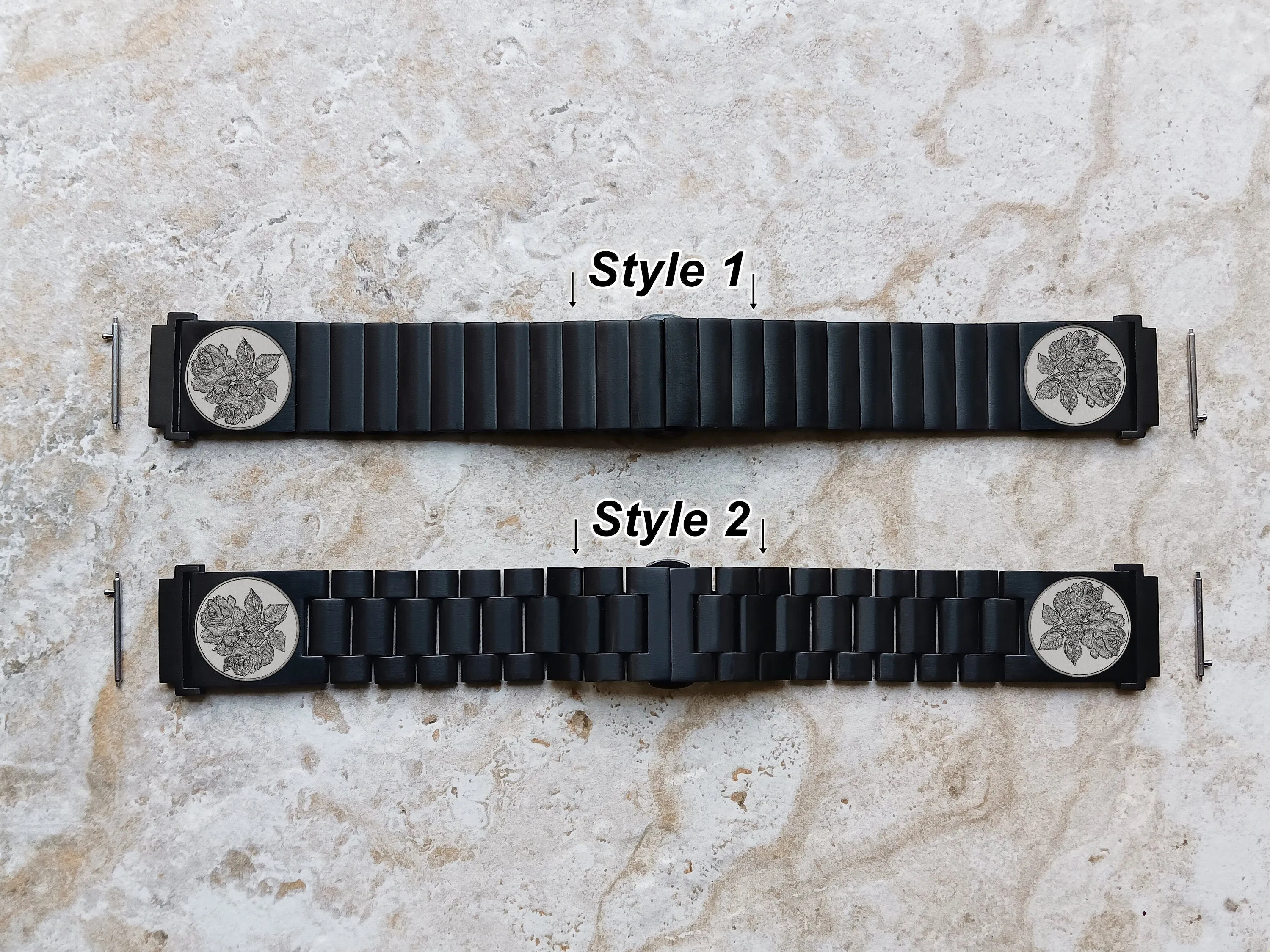 Roses Floral Engraved Watch Band for 20mm Width Lugs Traditional Casual Luxury & Smartwatches Black Stainless Steel Strap Bracelet RS1 -A20