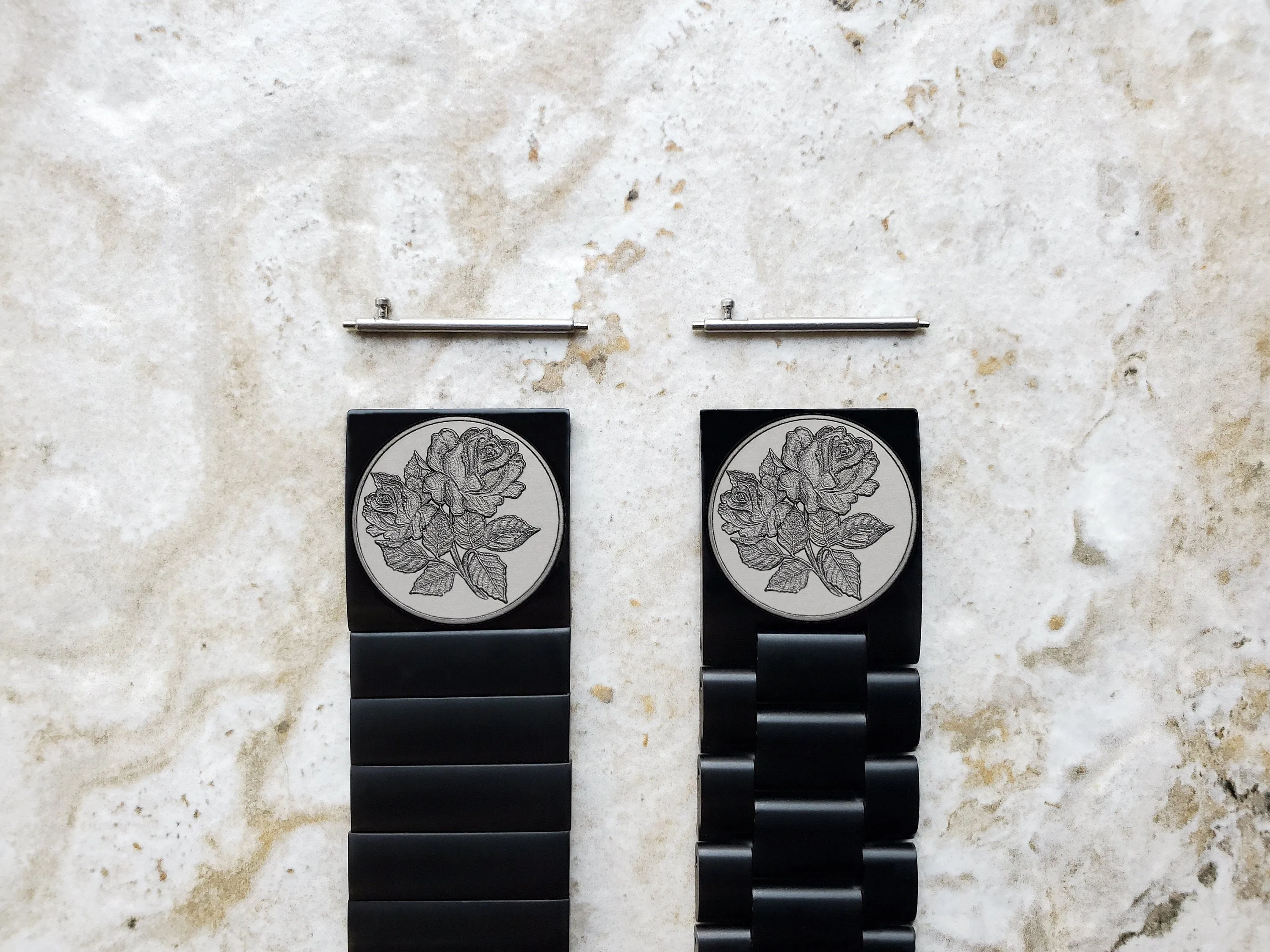 Roses Floral Engraved Watch Band for 22mm Width Lugs Traditional Casual Luxury and Smartwatches Black Stainless Steel Strap Bracelet RS1
