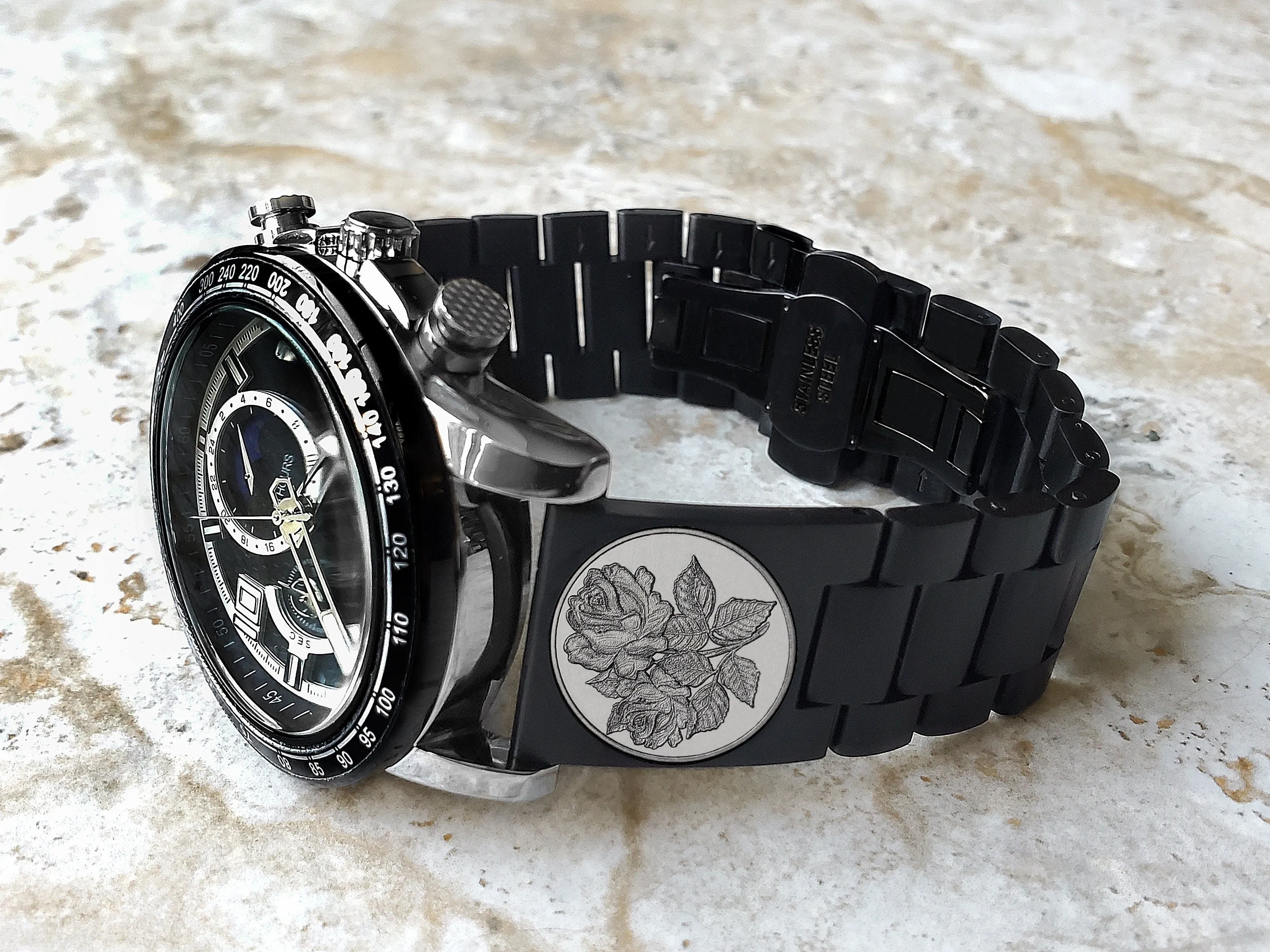 Roses Floral Engraved Watch Band for 22mm Width Lugs Traditional Casual Luxury and Smartwatches Black Stainless Steel Strap Bracelet RS1