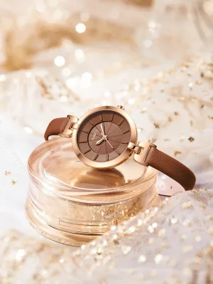 Round Pointer Quartz Watch - Chocolate Brown