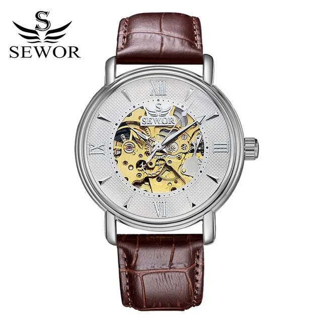 SEWOR 2017 Fashion Watch Men Luxury Gold Skeleton Steel Leather Mechanical Sport Watches Men Classic Automatic Watch For Men