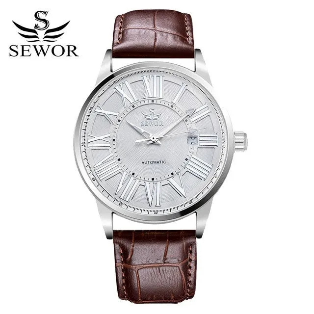 SEWOR 2017 Fashion Watch Men Luxury Gold Skeleton Steel Leather Mechanical Sport Watches Men Classic Automatic Watch For Men