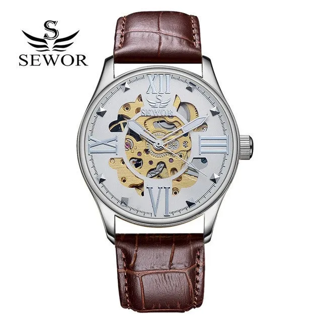 SEWOR 2017 Fashion Watch Men Luxury Gold Skeleton Steel Leather Mechanical Sport Watches Men Classic Automatic Watch For Men