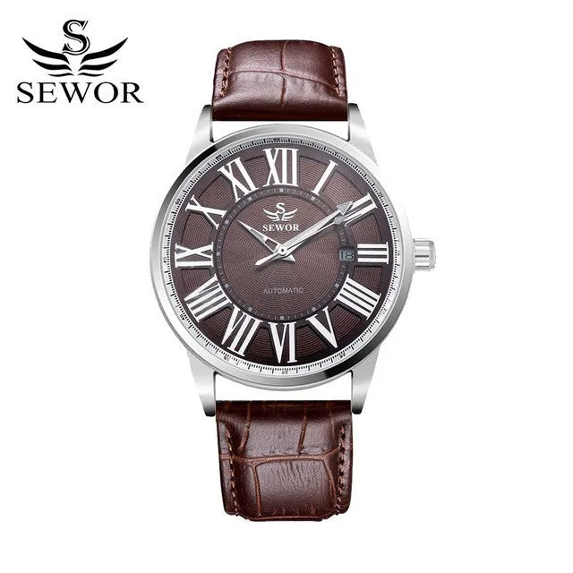 SEWOR 2017 Fashion Watch Men Luxury Gold Skeleton Steel Leather Mechanical Sport Watches Men Classic Automatic Watch For Men