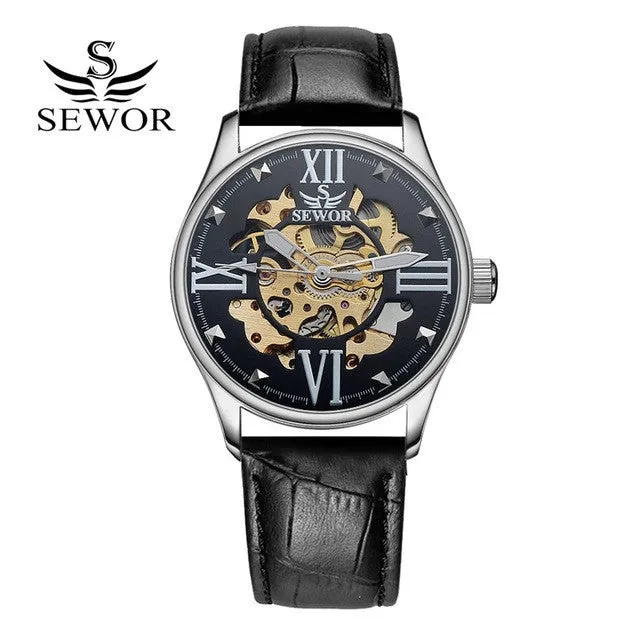 SEWOR 2017 Fashion Watch Men Luxury Gold Skeleton Steel Leather Mechanical Sport Watches Men Classic Automatic Watch For Men