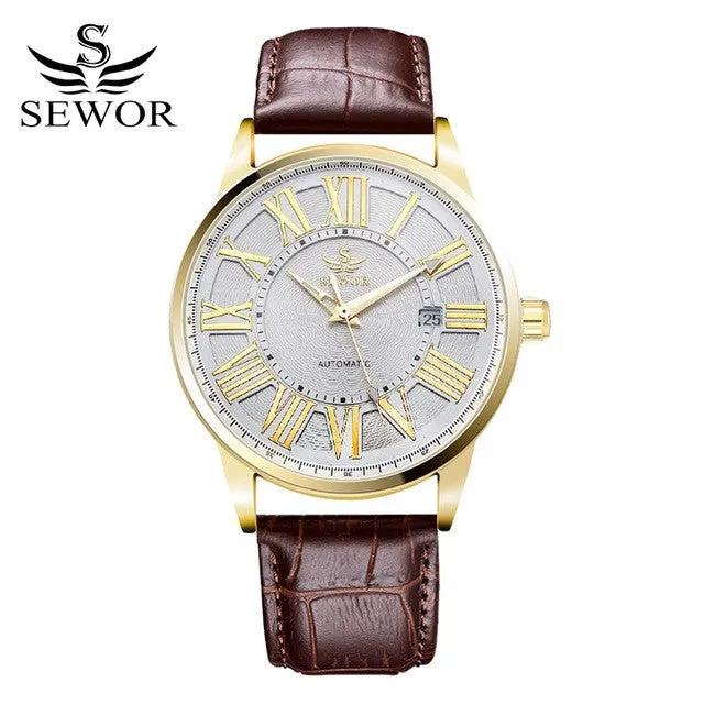 SEWOR 2017 Fashion Watch Men Luxury Gold Skeleton Steel Leather Mechanical Sport Watches Men Classic Automatic Watch For Men