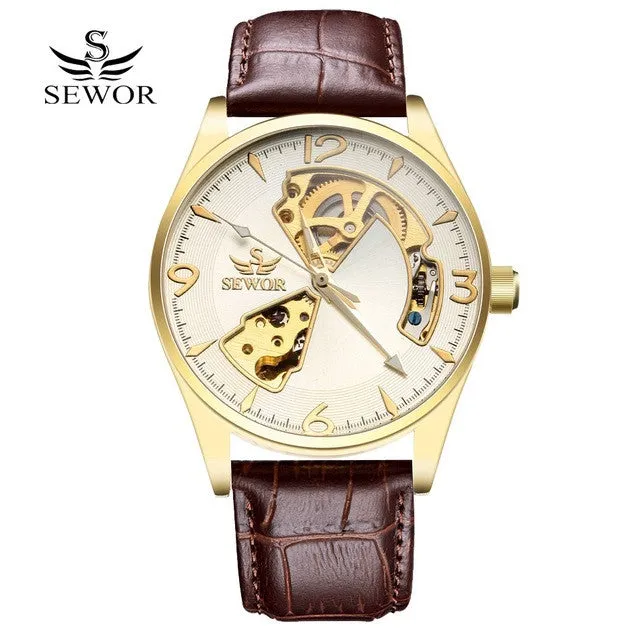 SEWOR 2017 Fashion Watch Men Luxury Gold Skeleton Steel Leather Mechanical Sport Watches Men Classic Automatic Watch For Men