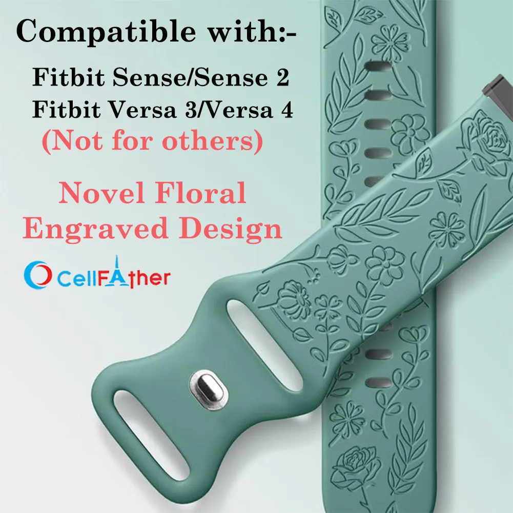 Shop Floral Engraved Strap For Fitbit Sense Versa 4 Band (Green)