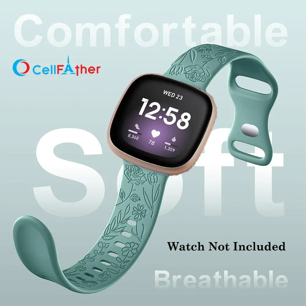 Shop Floral Engraved Strap For Fitbit Sense Versa 4 Band (Green)