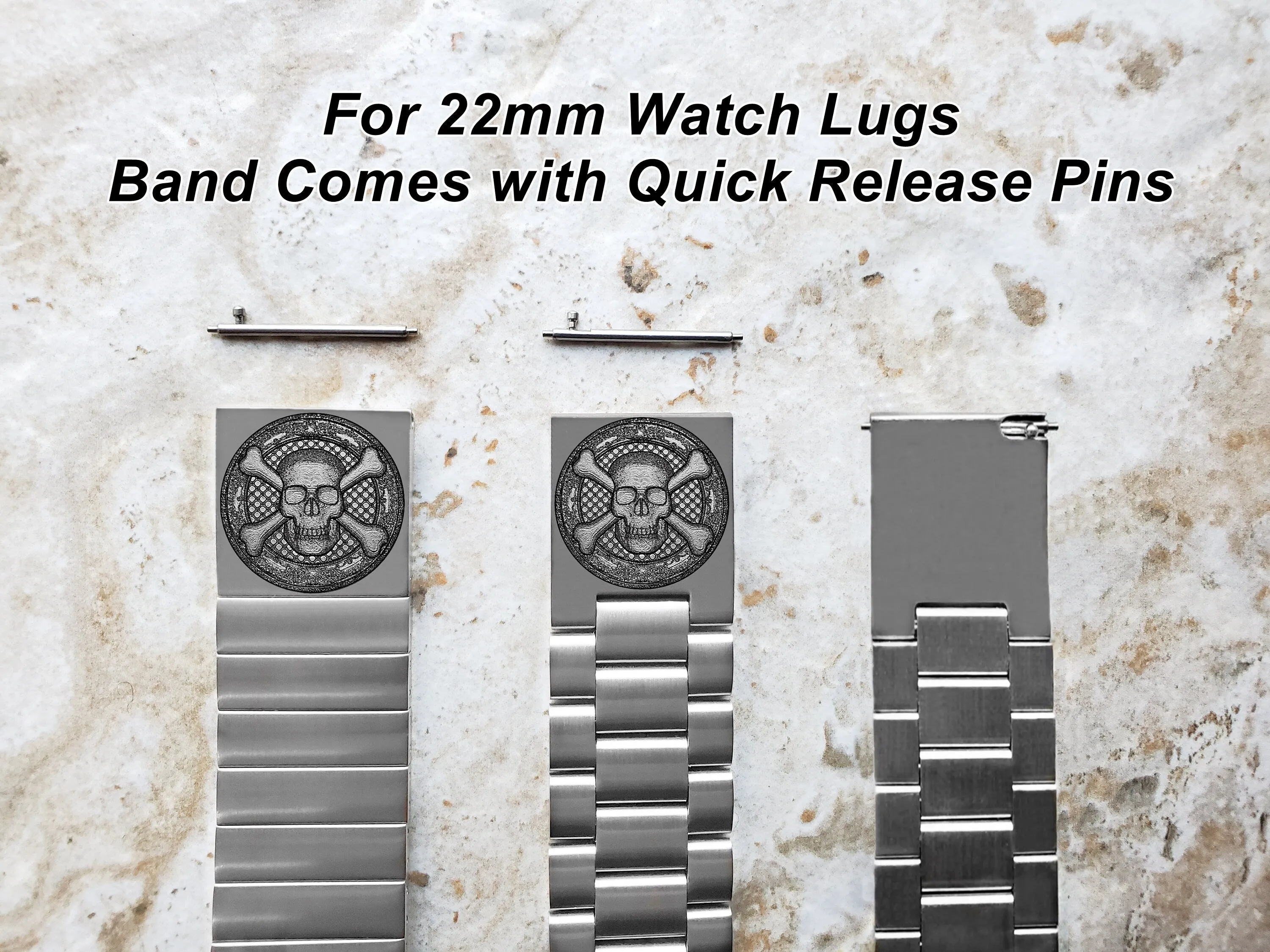 Skull Bones Engraved Watch Band for 22mm 24mm 25mm Lugs Traditional Casual Luxury and Smartwatches Silver Color Stainless Steel Strap Bracelet SC3