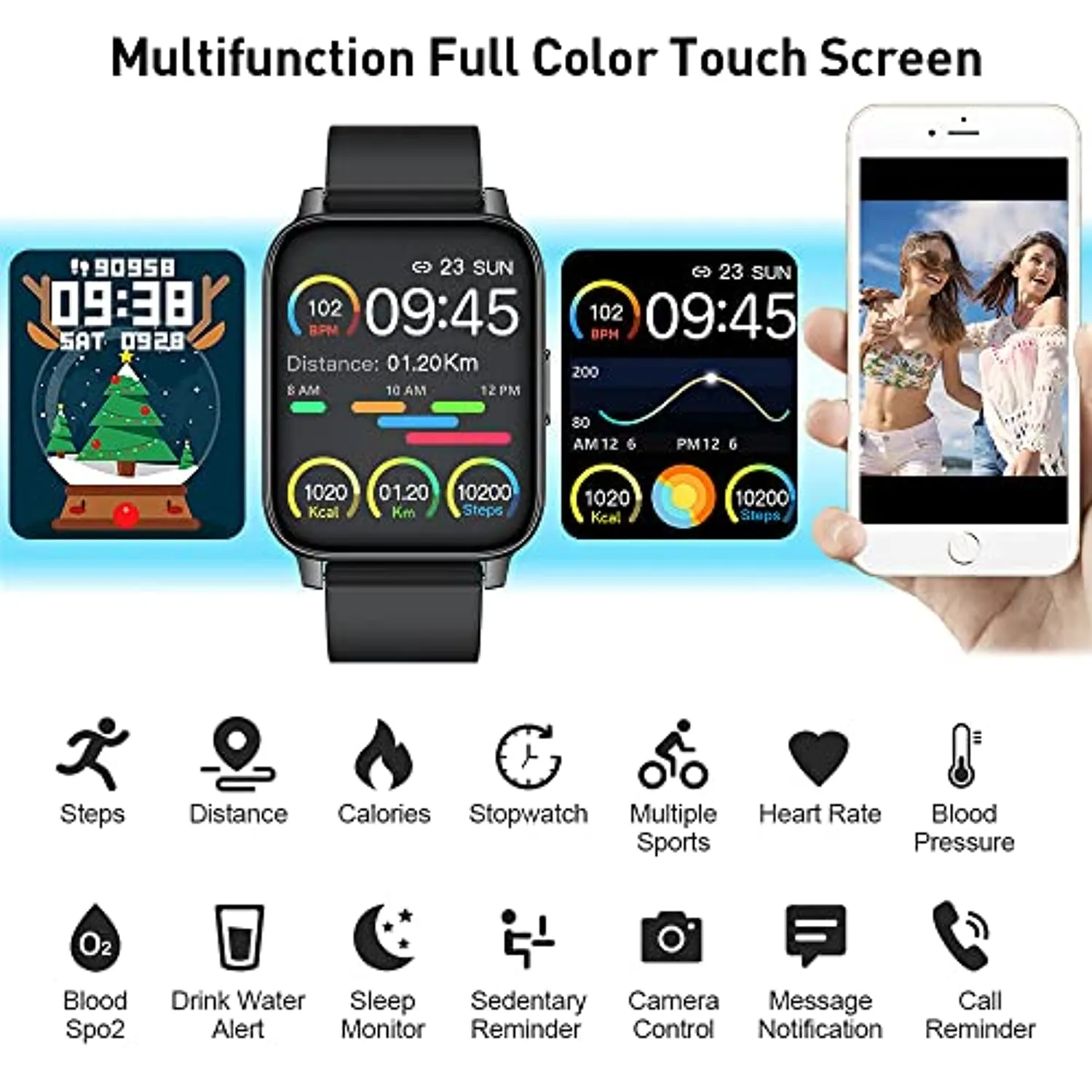 Smart Watch, 1.69 inch Fitness Tracker, Smartwatch with Heart Rate/Sleep Monitor, Calorie/Step Counter Activity Tracker, Stopwatch, Blood Oxygen Monitor, IP67 Waterproof Fitness Watch for Men