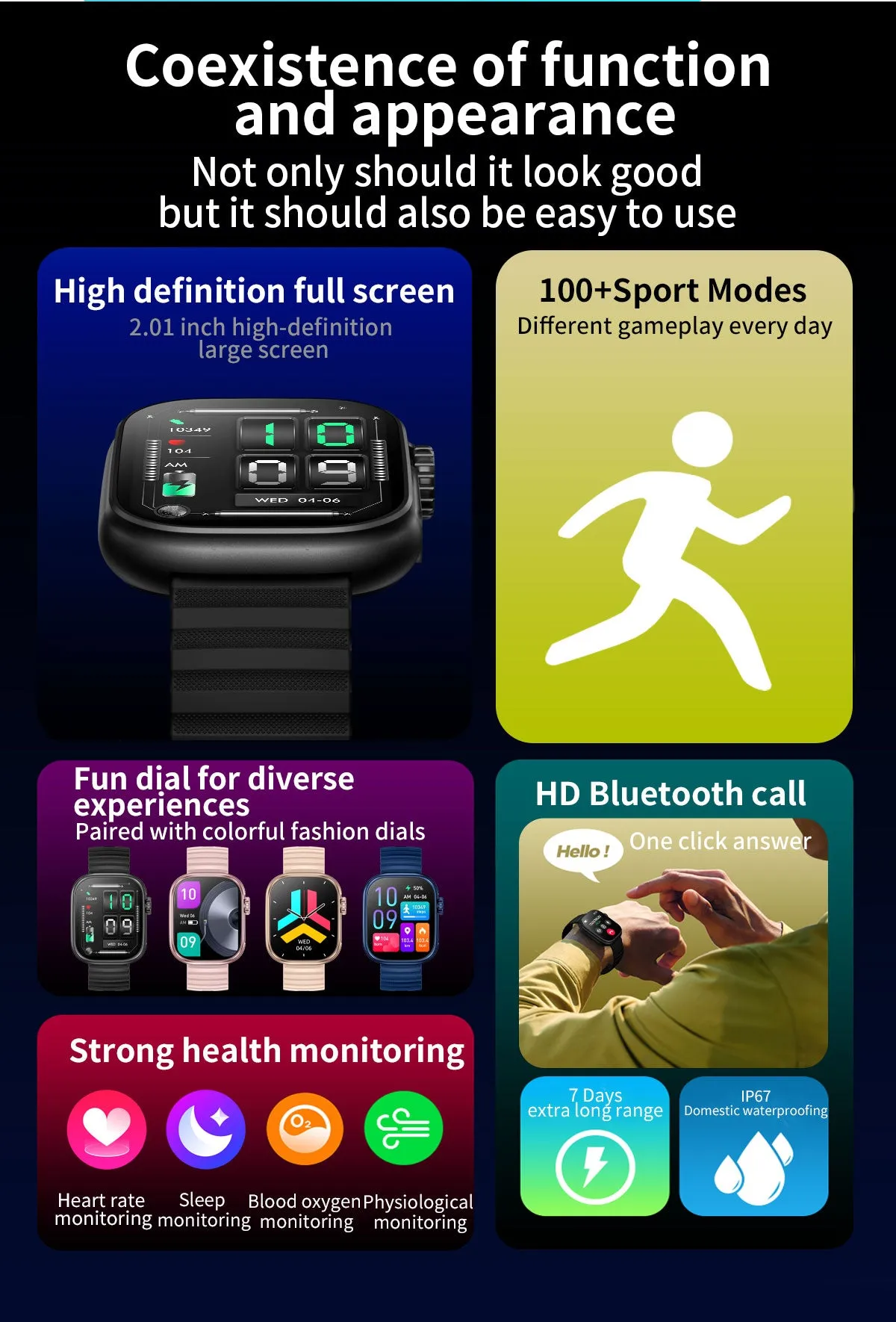 Smart Watch 2.01" Inch Heart Rate Blood Pressure Blood Oxygen Fitness Tracker for Women Men