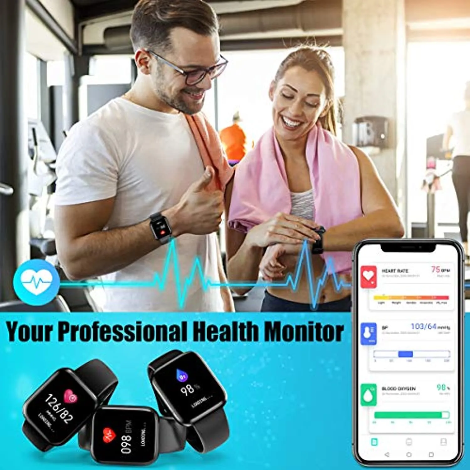 Smart Watch,Ip67 Waterproof Bluetooth Smartwatch for Android Phones,Sport Fitness Watch with Blood Pressure Oxygen Heart Rate Monitor Activity Tracker Compatiable for Android iOS Women Men Black