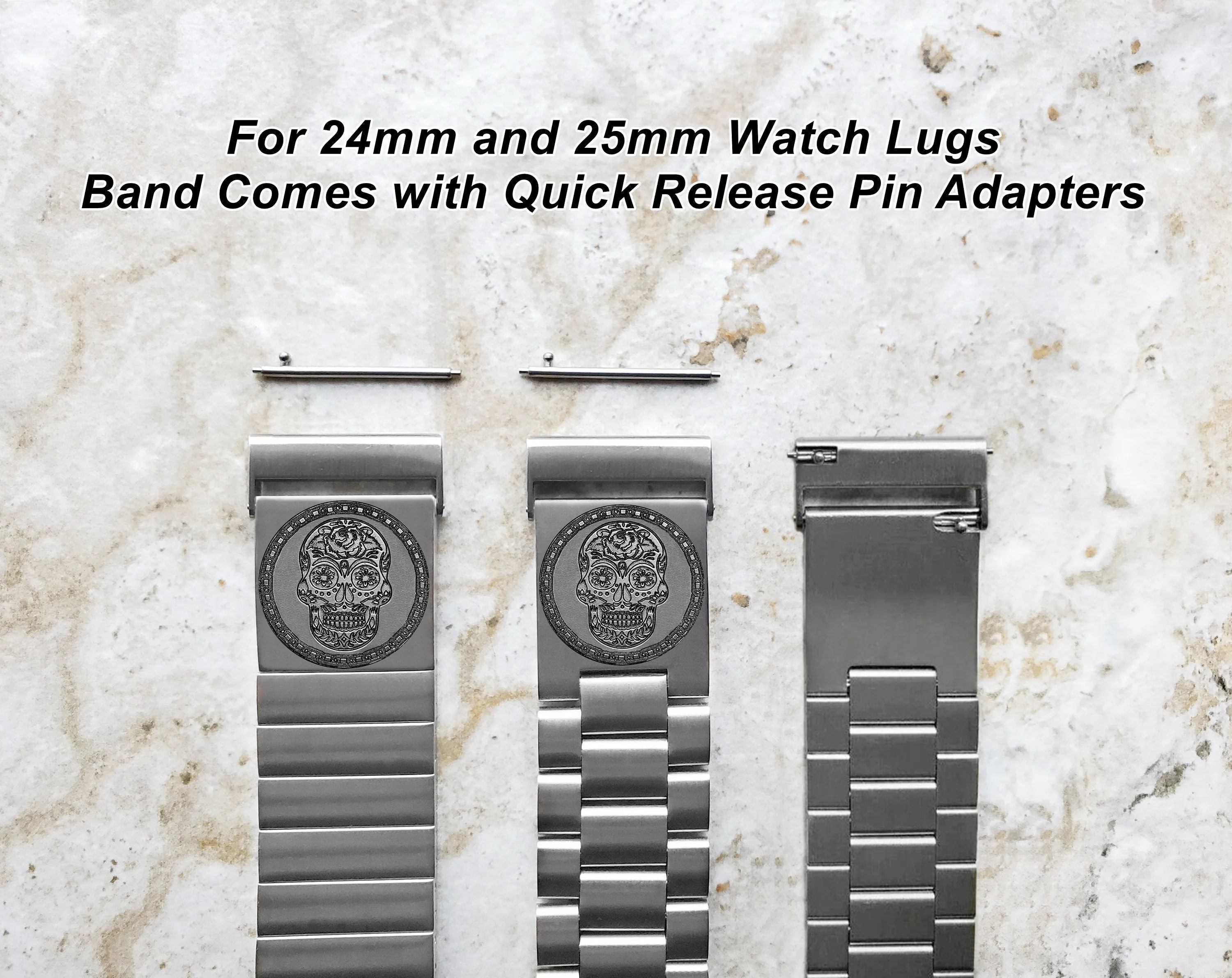Sugar Skull Engraved Watch Band for 22mm 24mm 25mm Lugs Traditional Casual Luxury and Smartwatches Silver Color Stainless Steel Bracelet Strap SS2
