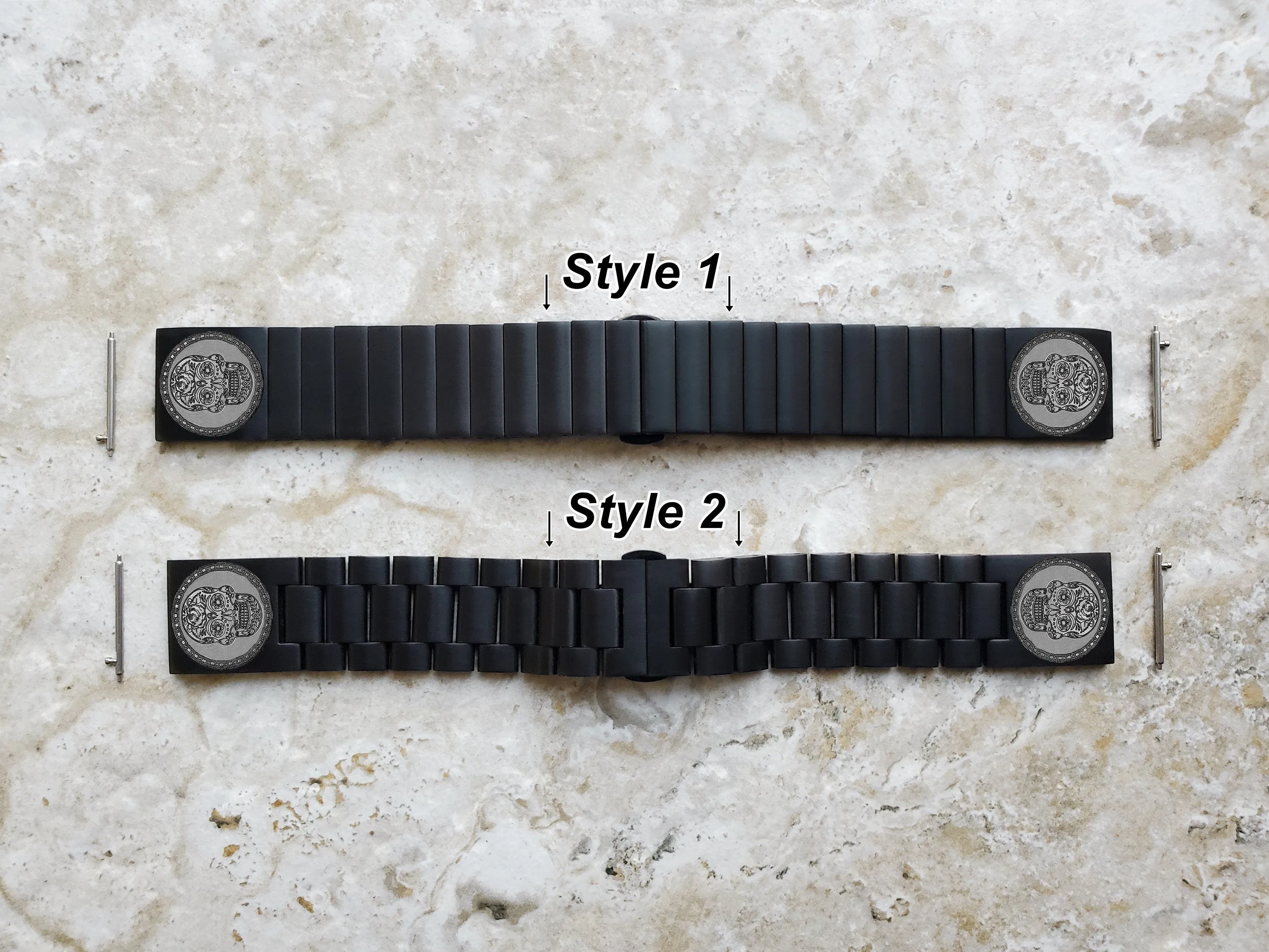 Sugar Skull Engraved Watch Band for 22mm Width Lugs Traditional Casual Luxury and Smartwatches Black Color Stainless Steel Bracelet Strap SS2