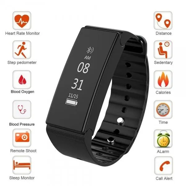 T2 Blood Pressure Heart Rate Monitor Bluetooth Smart Wristband For Phones Black